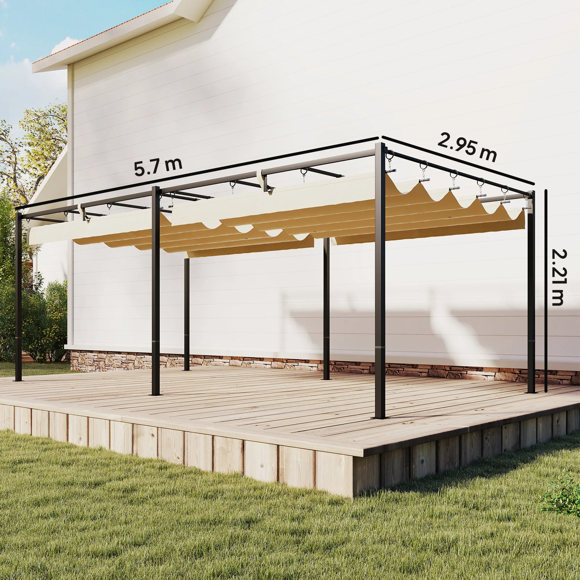 Garden Pergola with Sliding UV50+ Canopy in Metal, 5.7x2.95m, Beige - Image 3