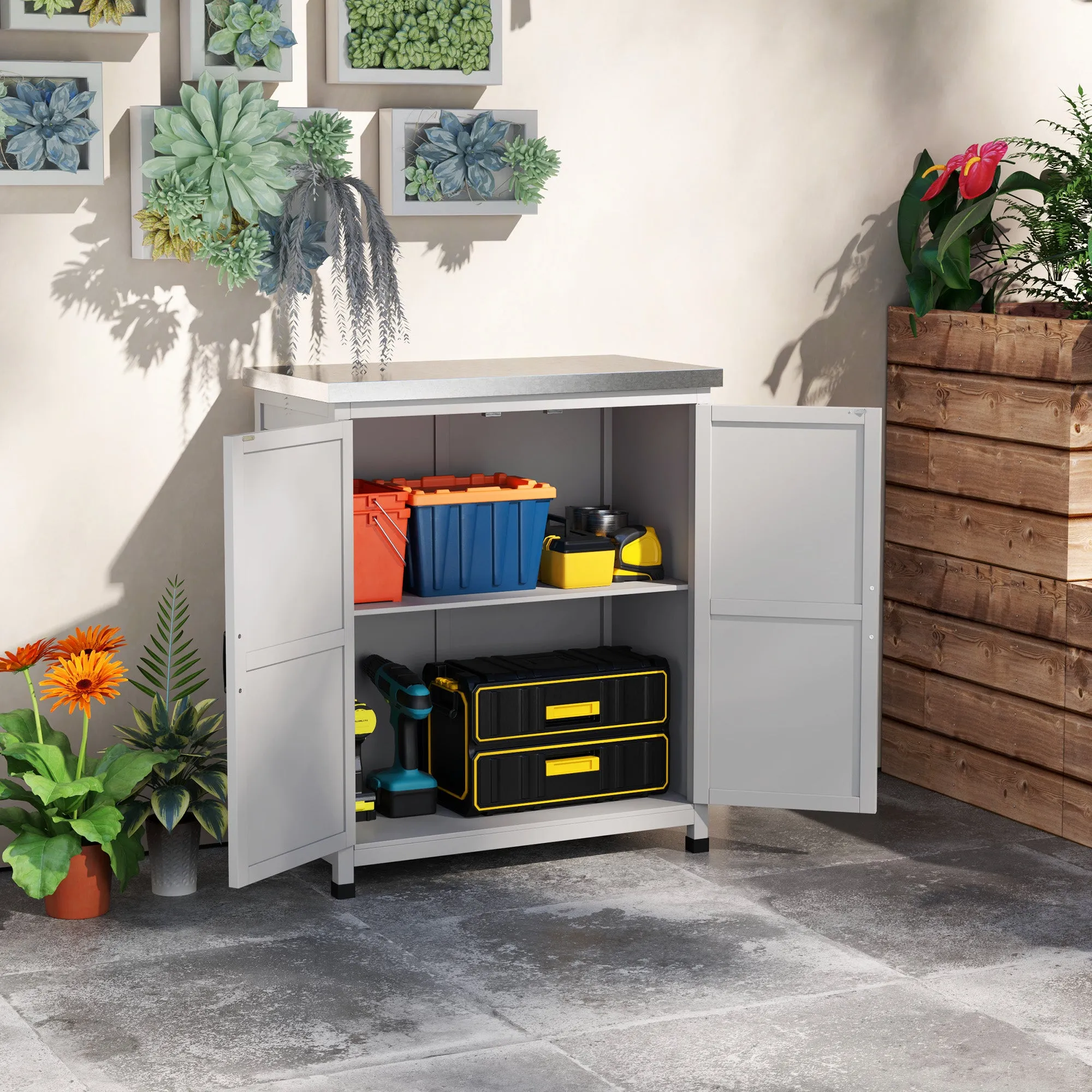 Outdoor Cabinet with Shelf and Workbench in Wood and Steel, 79x43x92 cm, Grey - Image 2