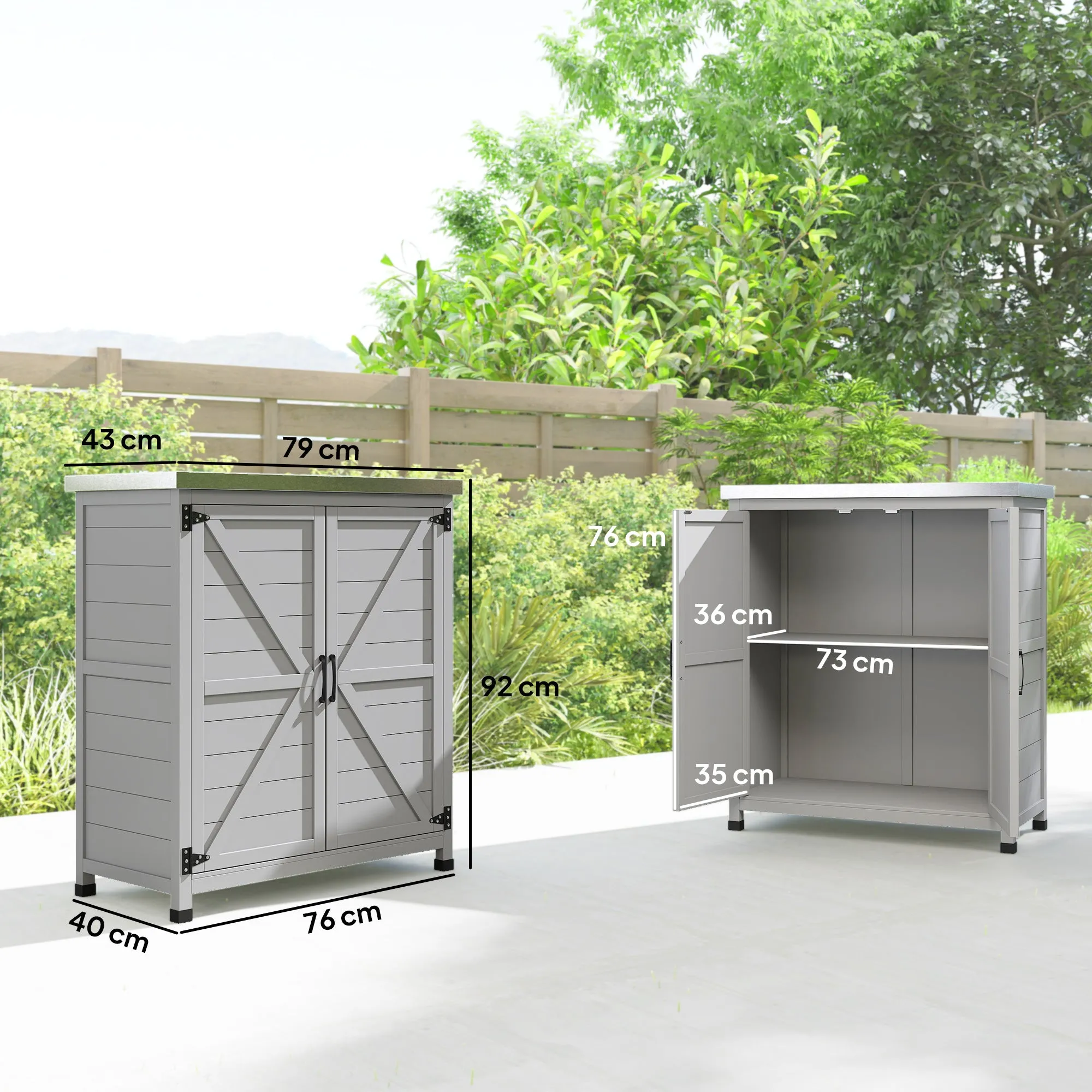 Outdoor Cabinet with Shelf and Workbench in Wood and Steel, 79x43x92 cm, Grey - Image 3