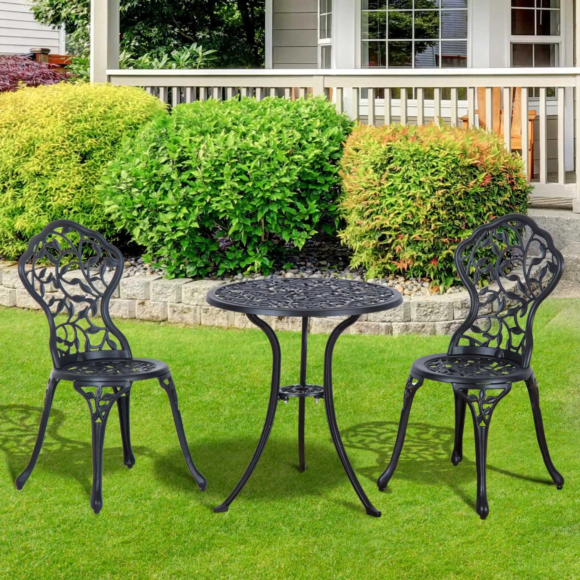 3-Piece Garden Set with 2 Outdoor Chairs and Round Aluminum Table, Black - Image 2