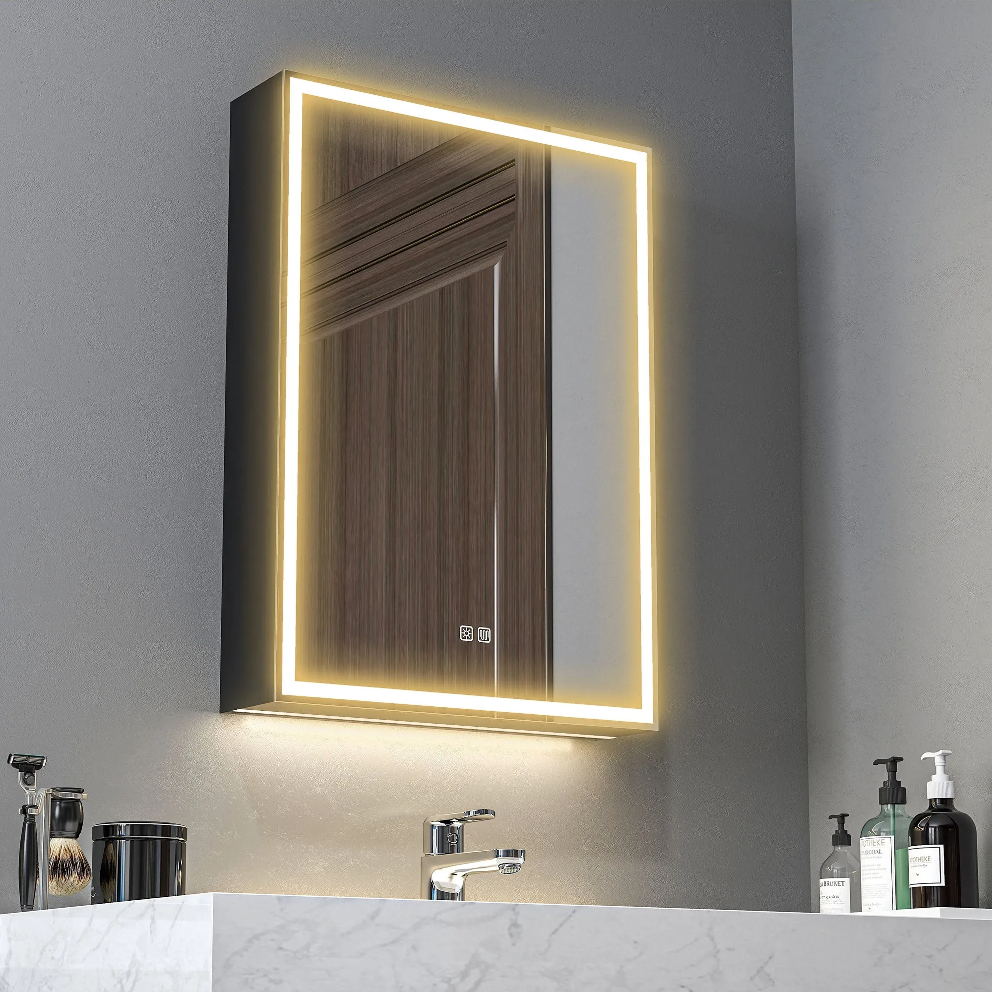 Bathroom Cabinet with Mirror, Adjustable LED Lights and Anti-Fog Function, Black - Image 2