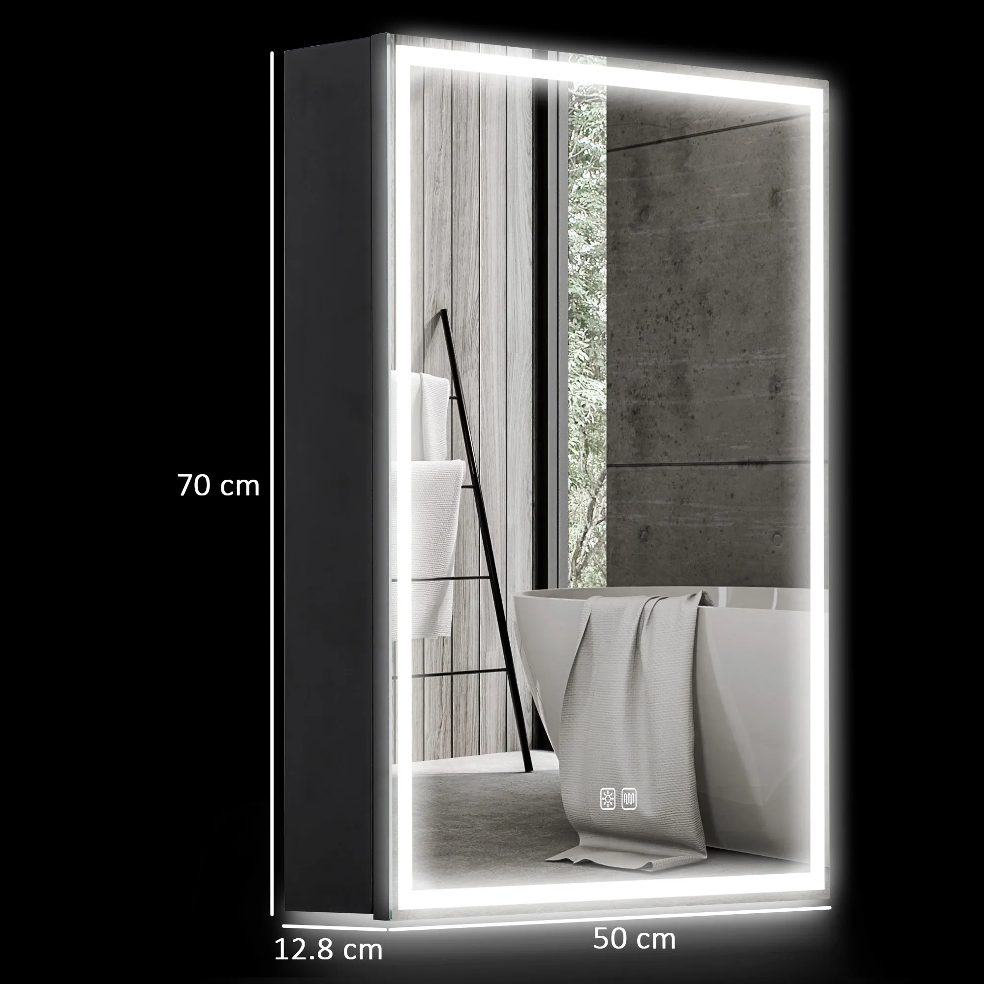 Bathroom Cabinet with Mirror, Adjustable LED Lights and Anti-Fog Function, Black - Image 3