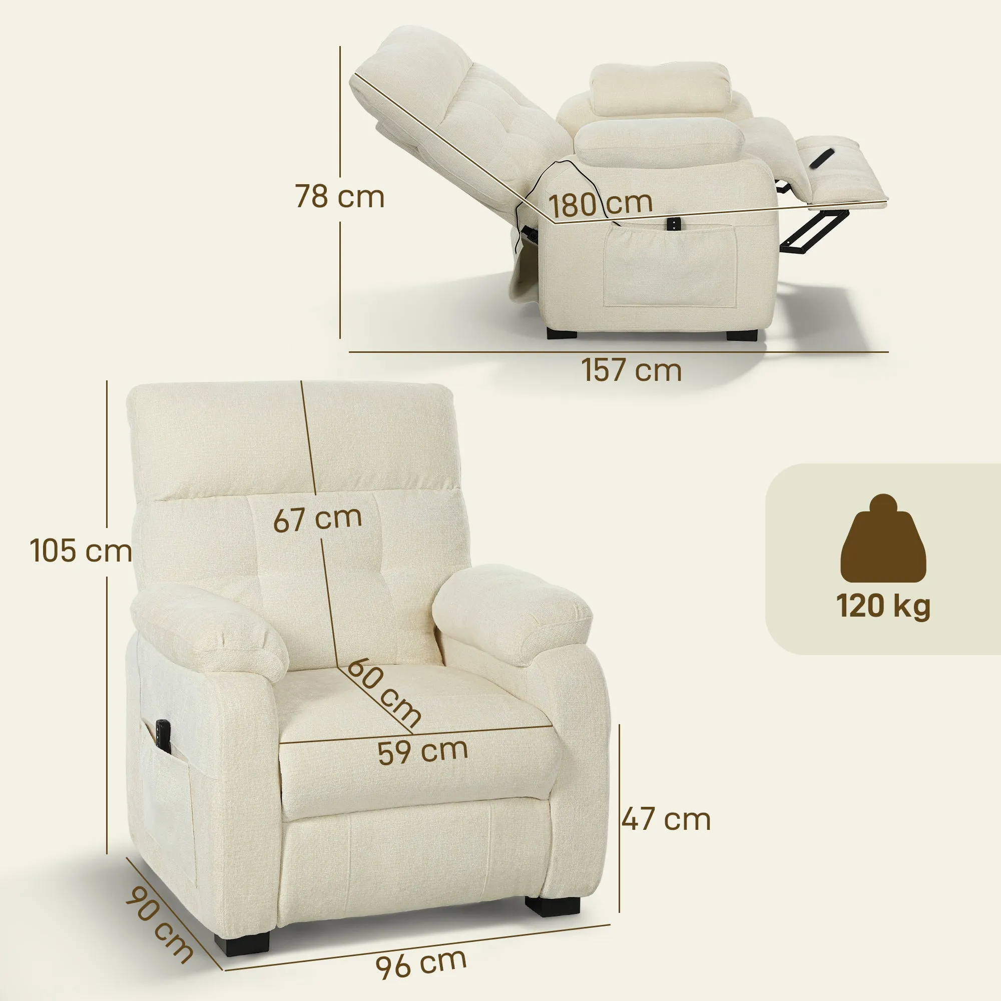 150° Reclining Velvet Armchair with Footrest, Remote Control and Side Pocket, 96x90x105 cm, White - Image 3