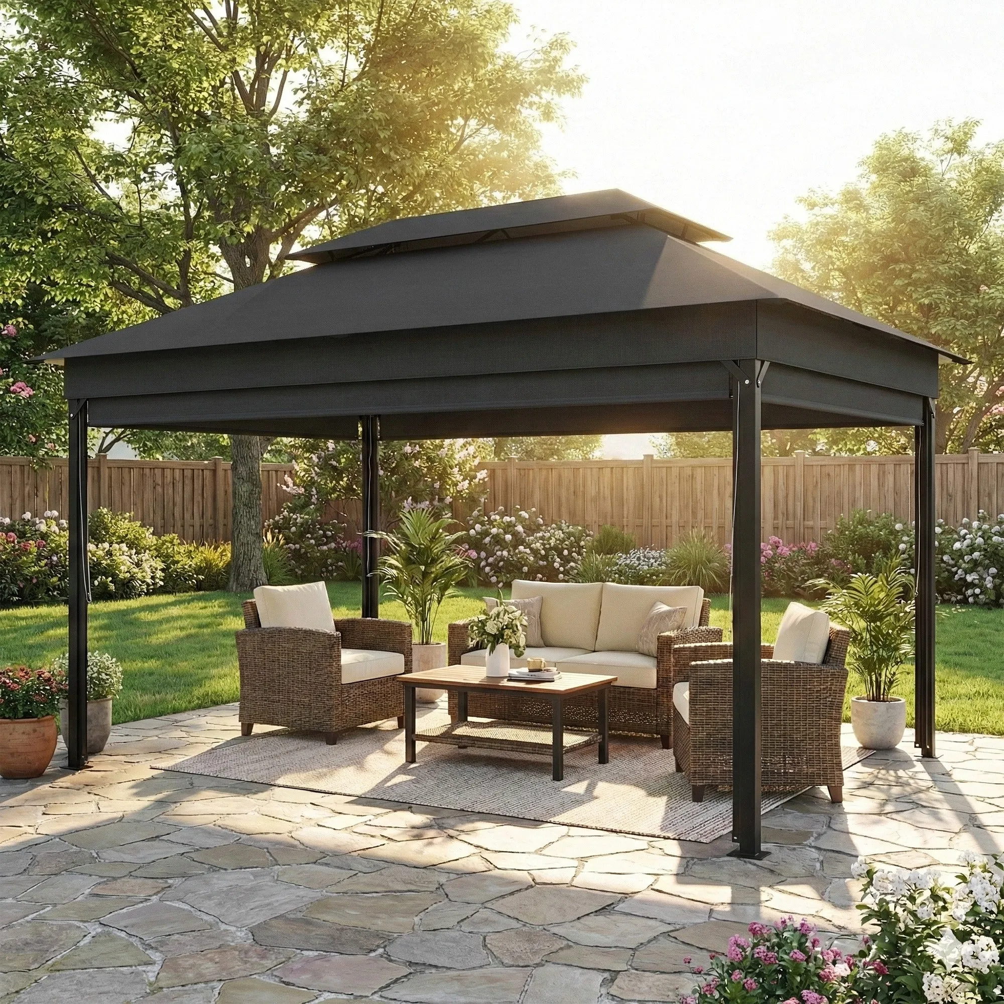 4x3m Garden Gazebo with Side Awnings, Double Roof, Drainage Holes, Dark Grey - Image 2