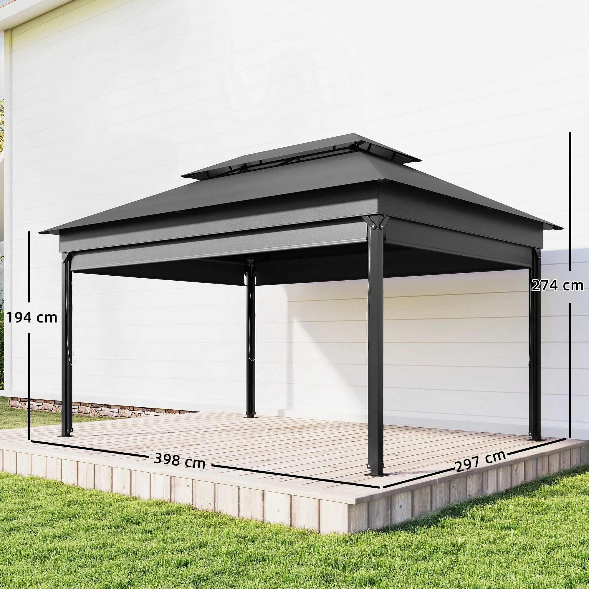 4x3m Garden Gazebo with Side Awnings, Double Roof, Drainage Holes, Dark Grey - Image 3