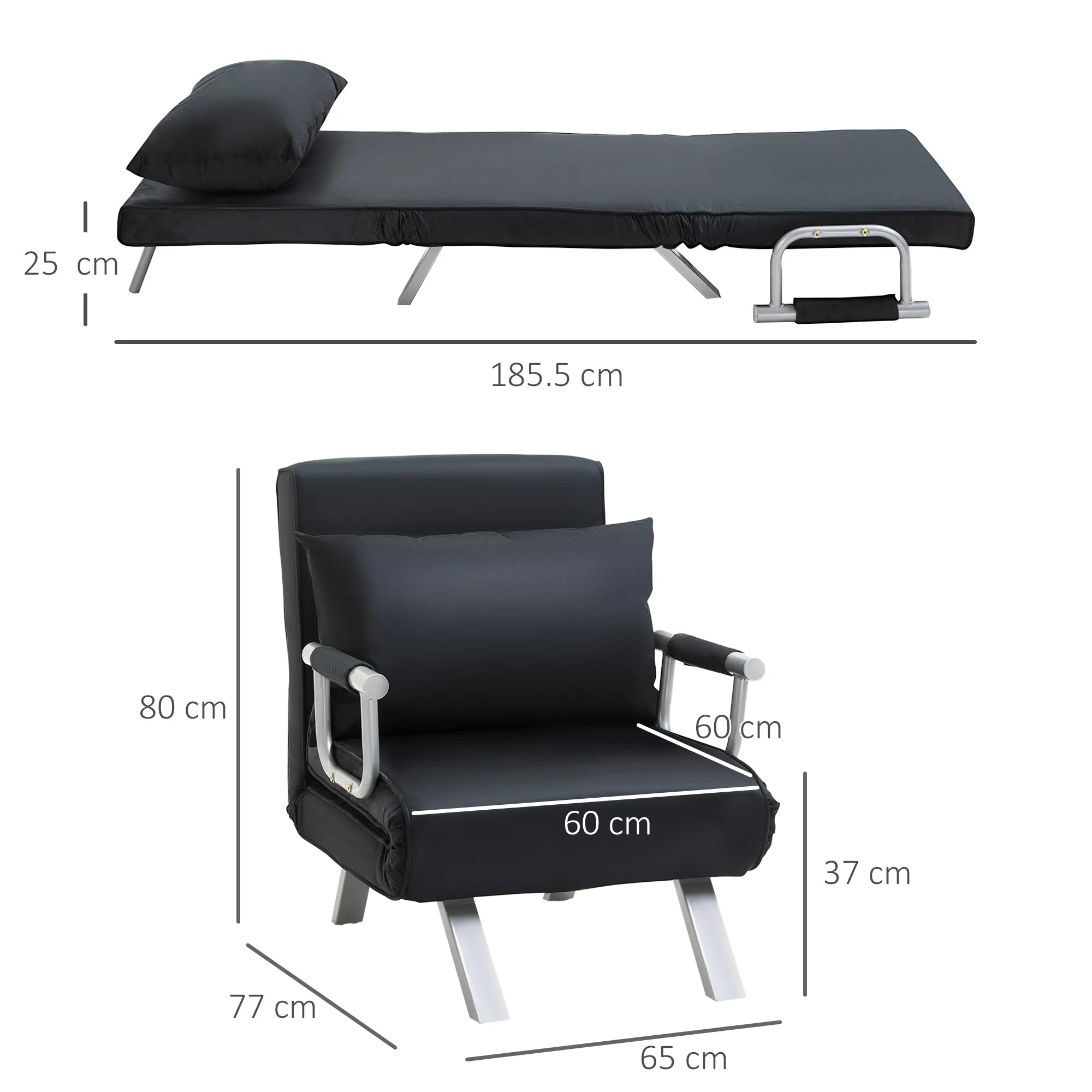 Modern 2-in-1 Armchair Bed with 5-Position Reclining Backrest and Cushion, 65x77x80cm, Black - Image 3