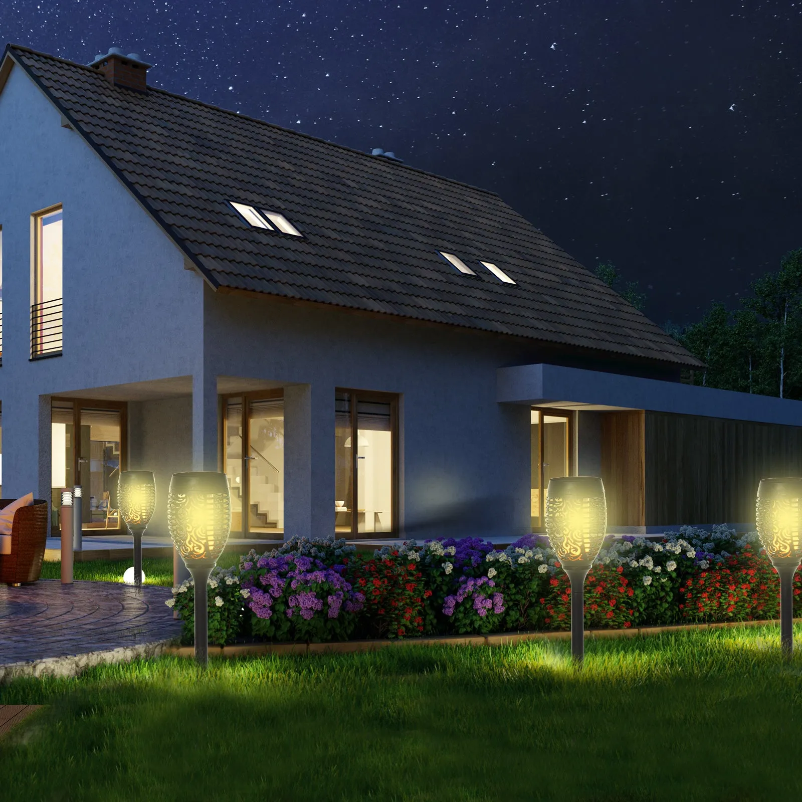 Set of 4 Solar Powered LED Outdoor Spotlights with 4 Pegs, Plastic, Ø12x72 cm, Black - Image 2