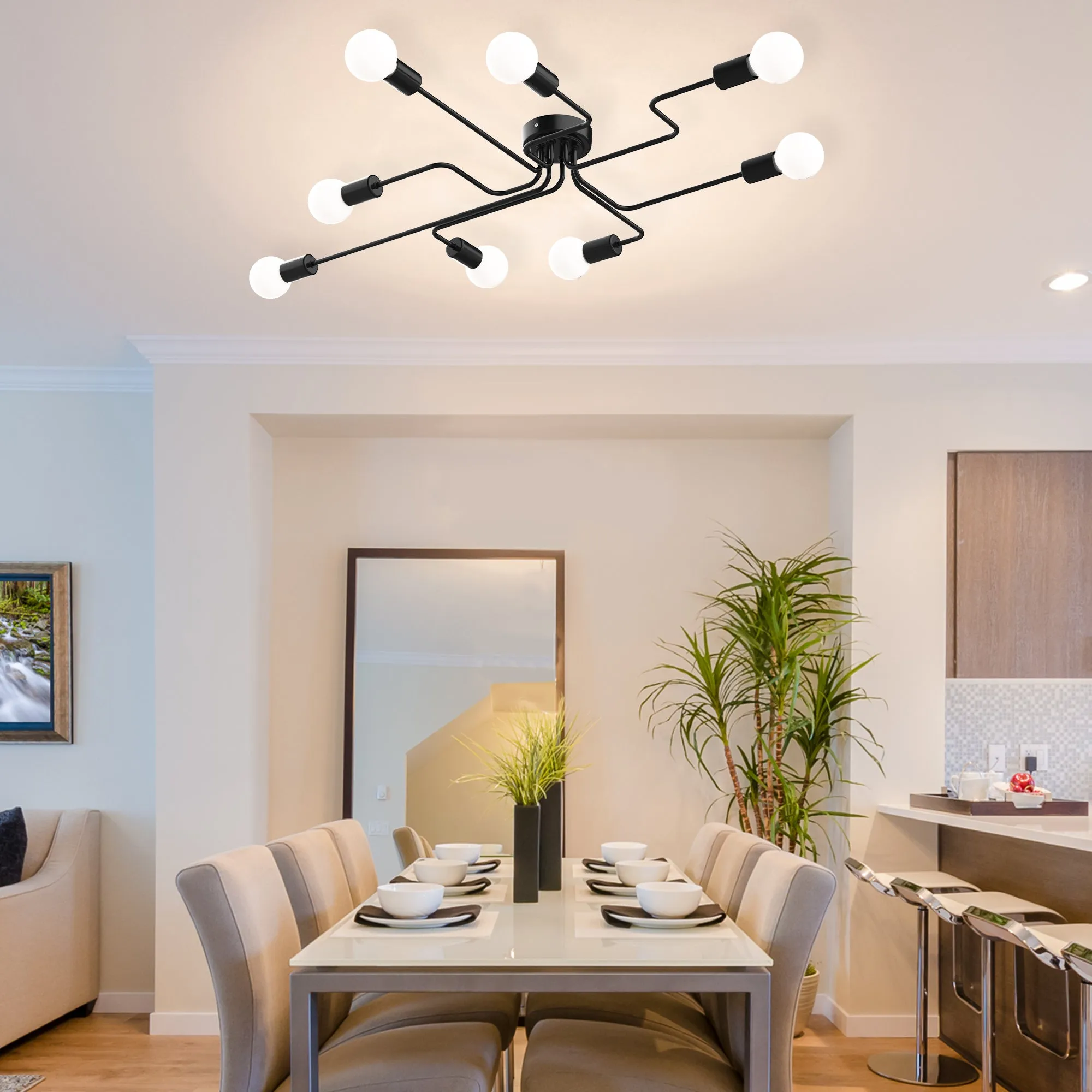 Modern Ceiling Lamp 8 Light Points, Industrial Design Lighting for Home and Office, Black - Image 2