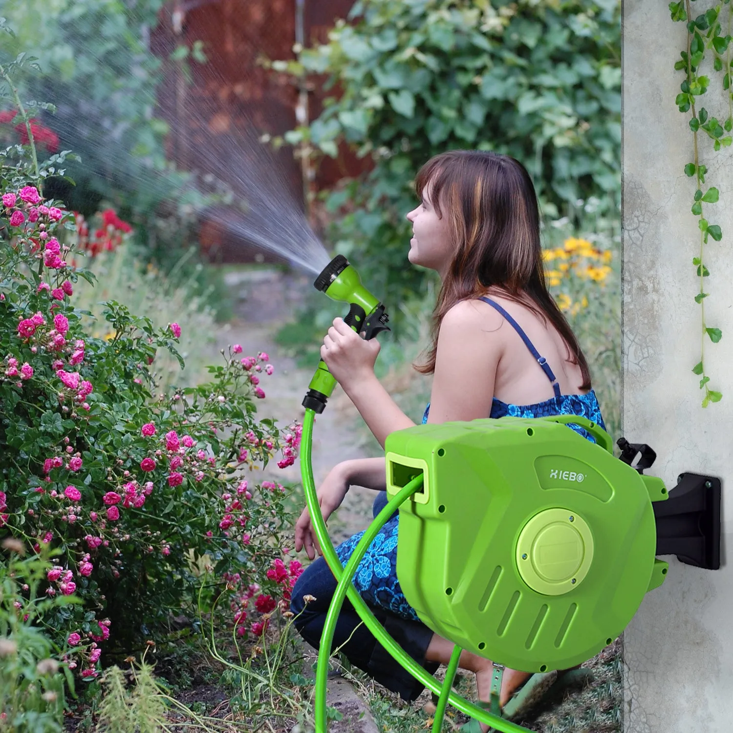 Retractable Garden Hose Reel with 20m Water Hose, 180° Rotatable Wall Mounted Hose Reel, Automatic Hose Reel Garden Hose for Watering Plastic, Green - Image 2