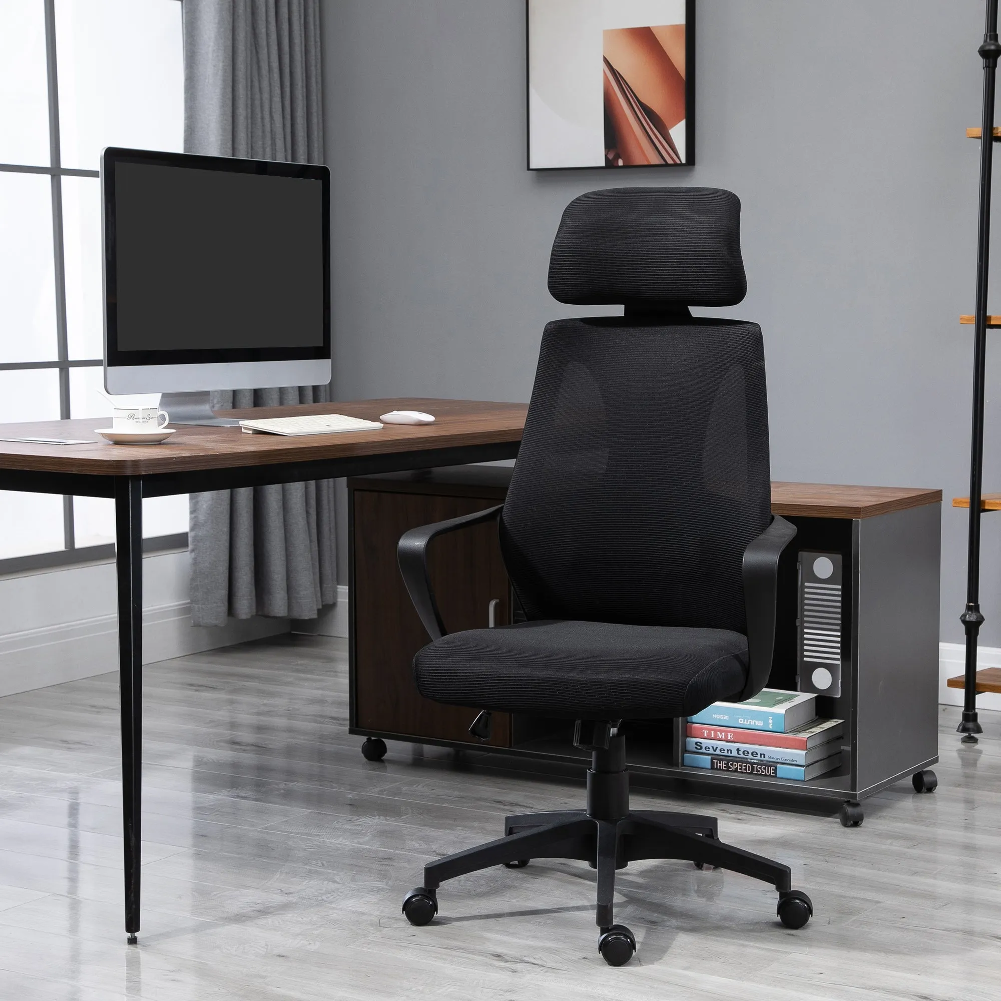 Reclining Office Chair with Headrest and Lumbar Support, Polyester, 64x55x116-126 cm, Black - Image 2