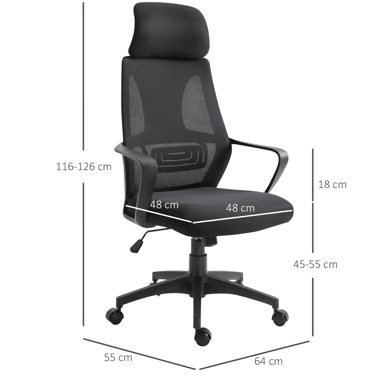 Reclining Office Chair with Headrest and Lumbar Support, Polyester, 64x55x116-126 cm, Black - Image 3