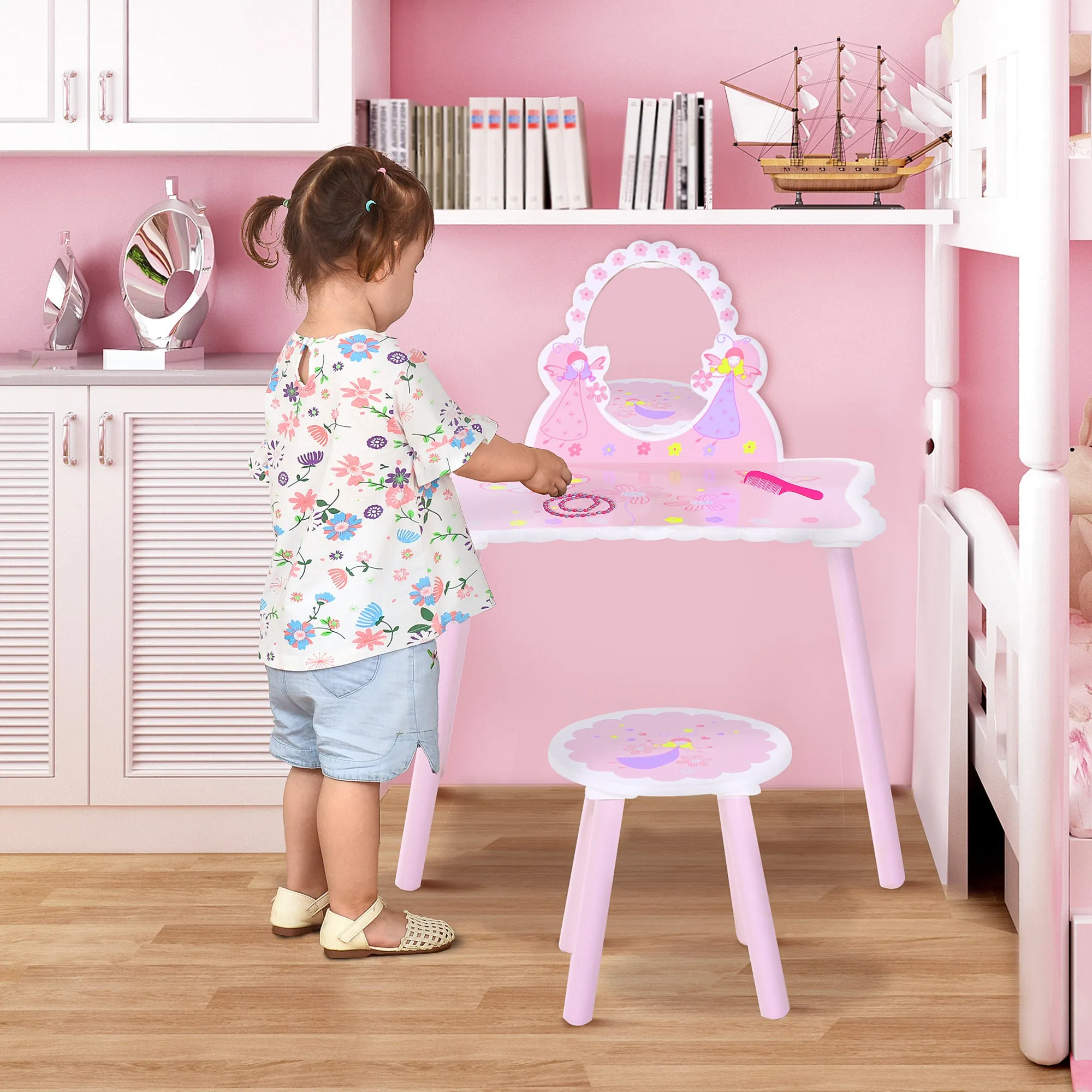 Children's Dressing Table with Wooden Stool, Make-Up Table with Modern Mirror and Drawer, 59W x 39D x 77H cm, Pink - Image 2