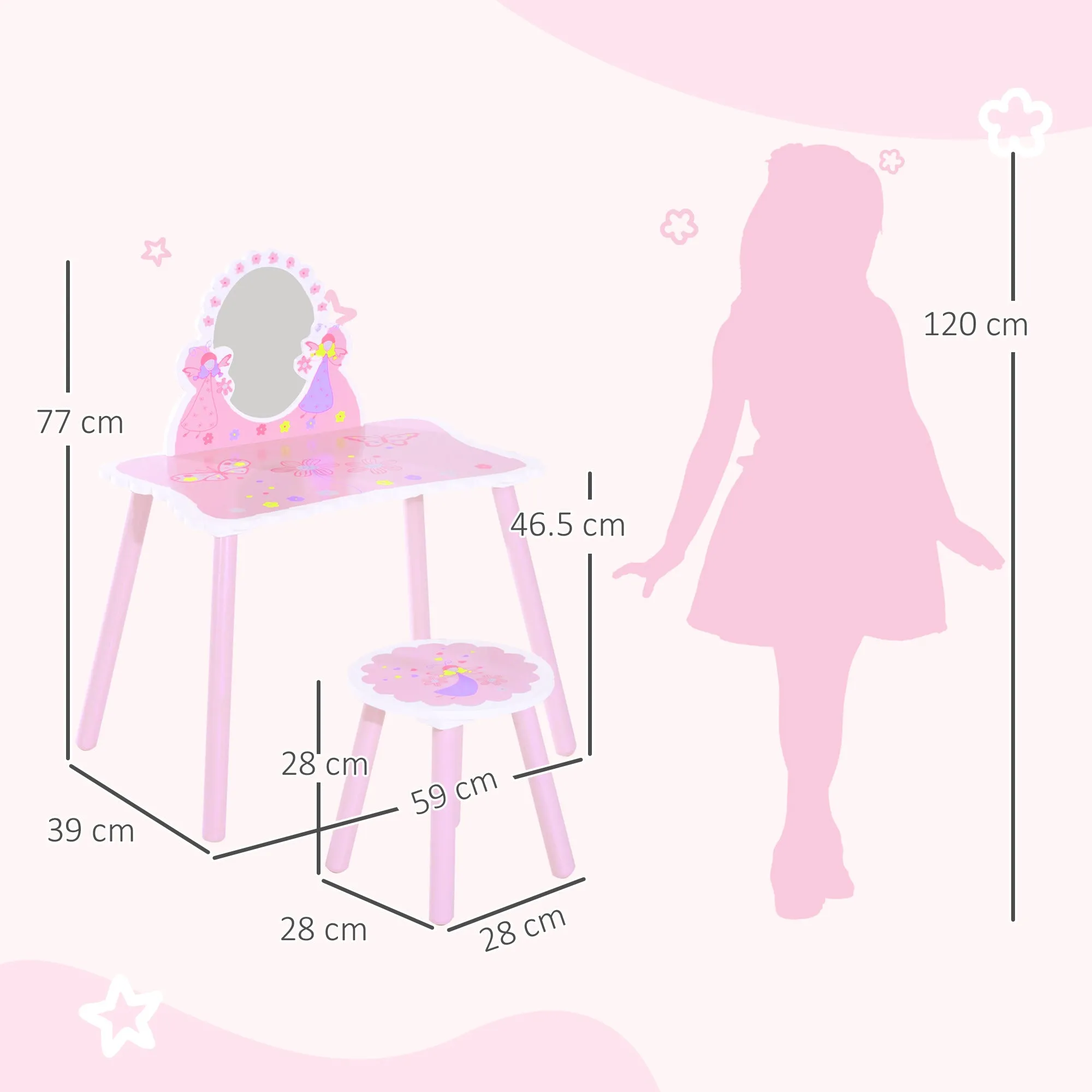 Children's Dressing Table with Wooden Stool, Make-Up Table with Modern Mirror and Drawer, 59W x 39D x 77H cm, Pink - Image 3