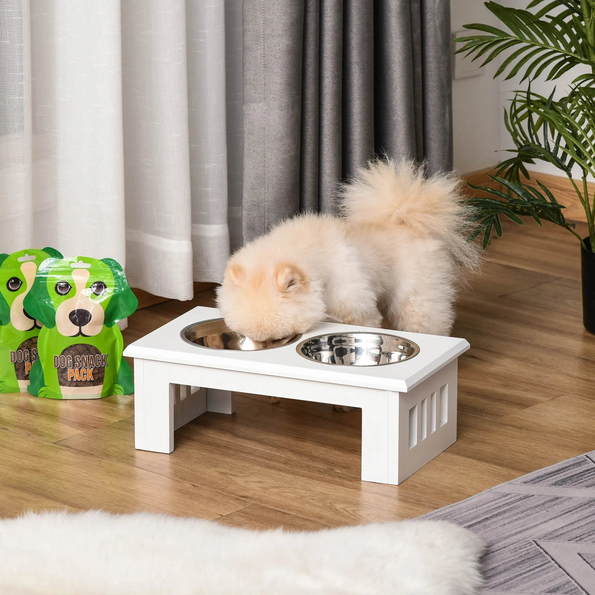 Raised Dog Bowls for Small and Medium Dogs, MDF Stand with 2 Steel Bowls, White - Image 2