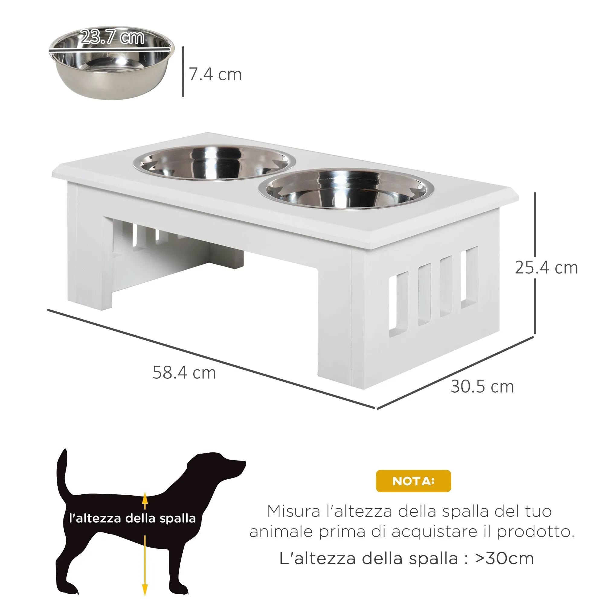 Raised Dog Bowls for Small and Medium Dogs, MDF Stand with 2 Steel Bowls, White - Image 3