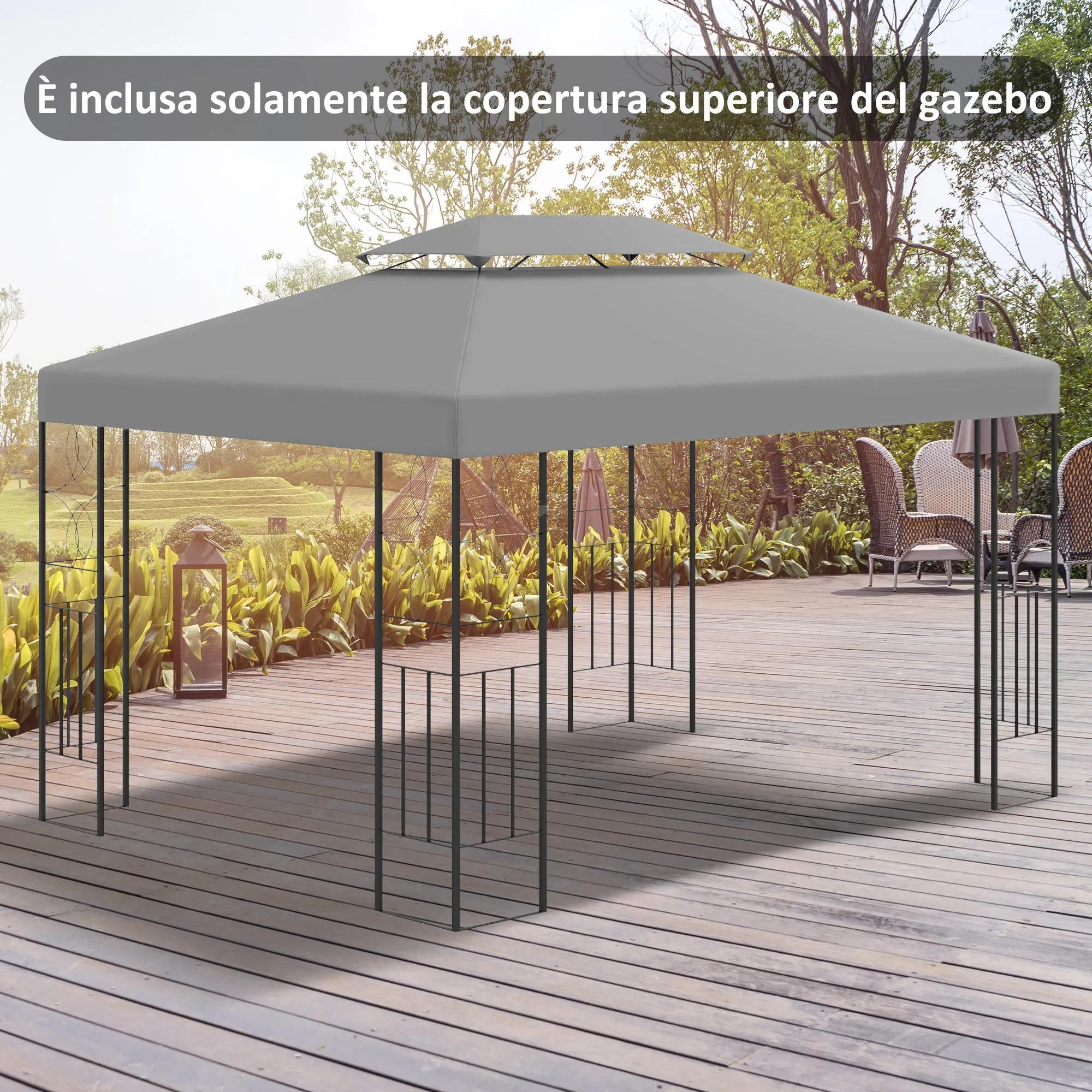 4x3m 2 Tier Polyester Gazebo Cover with Straps and 10 Drain Holes, Grey - Image 2