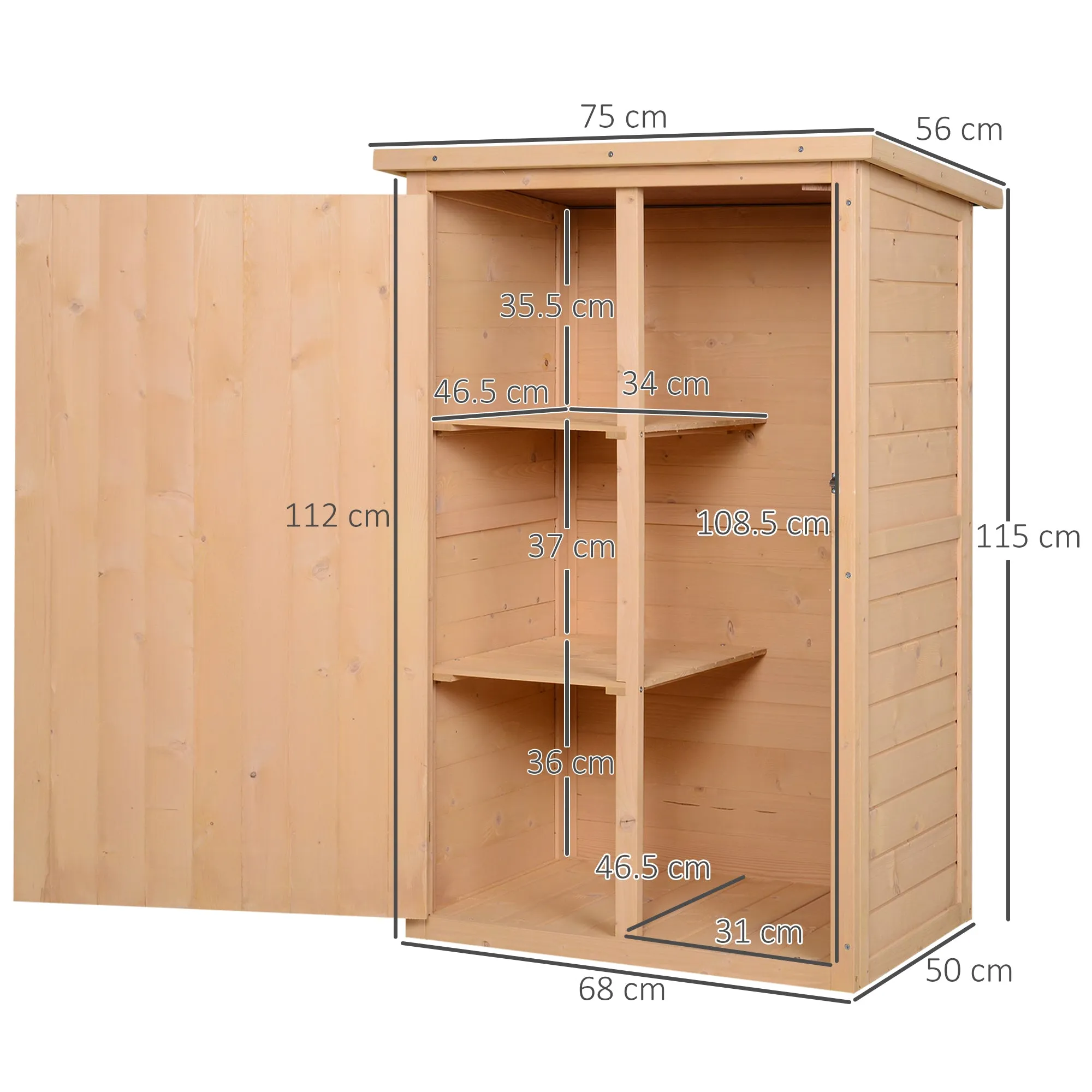 Fir Wood Garden Shed with Waterproof Roof and 2 Shelves, 75x56x115 cm - Image 3