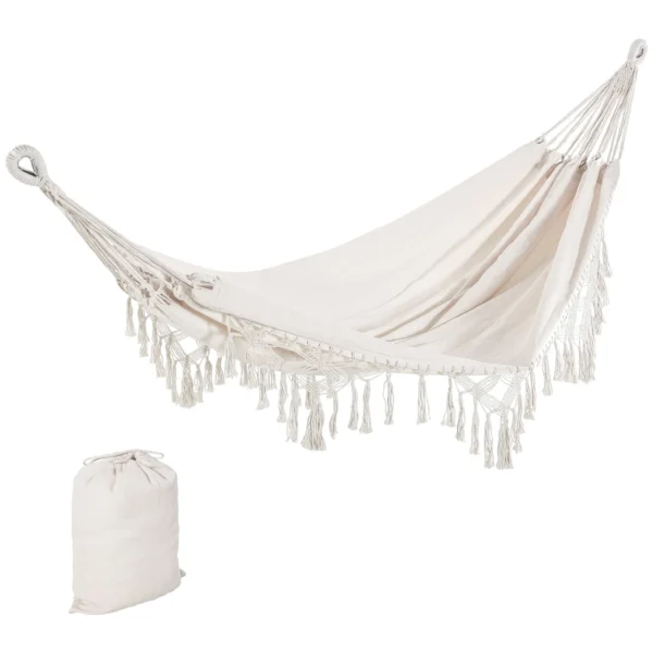 Boho Style Fringe Hanging Canvas Garden Hammock, 288x150cm, 120kg Capacity, Cream