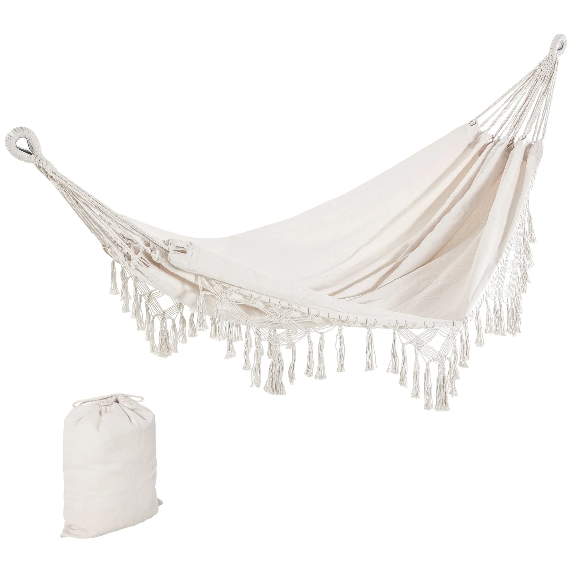 Boho Style Fringe Hanging Canvas Garden Hammock, 288x150cm, 120kg Capacity, Cream