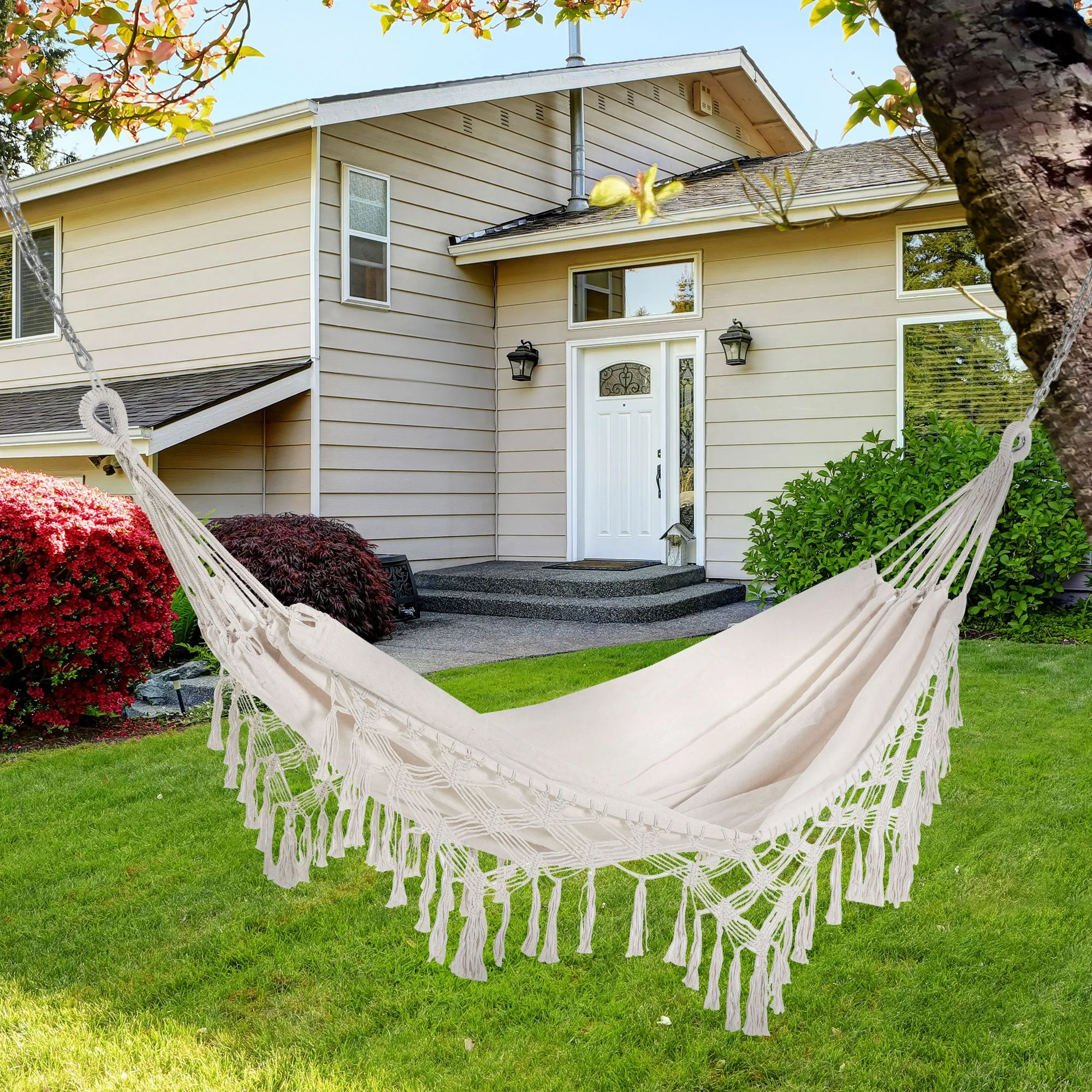 Boho Style Fringe Hanging Canvas Garden Hammock, 288x150cm, 120kg Capacity, Cream - Image 2
