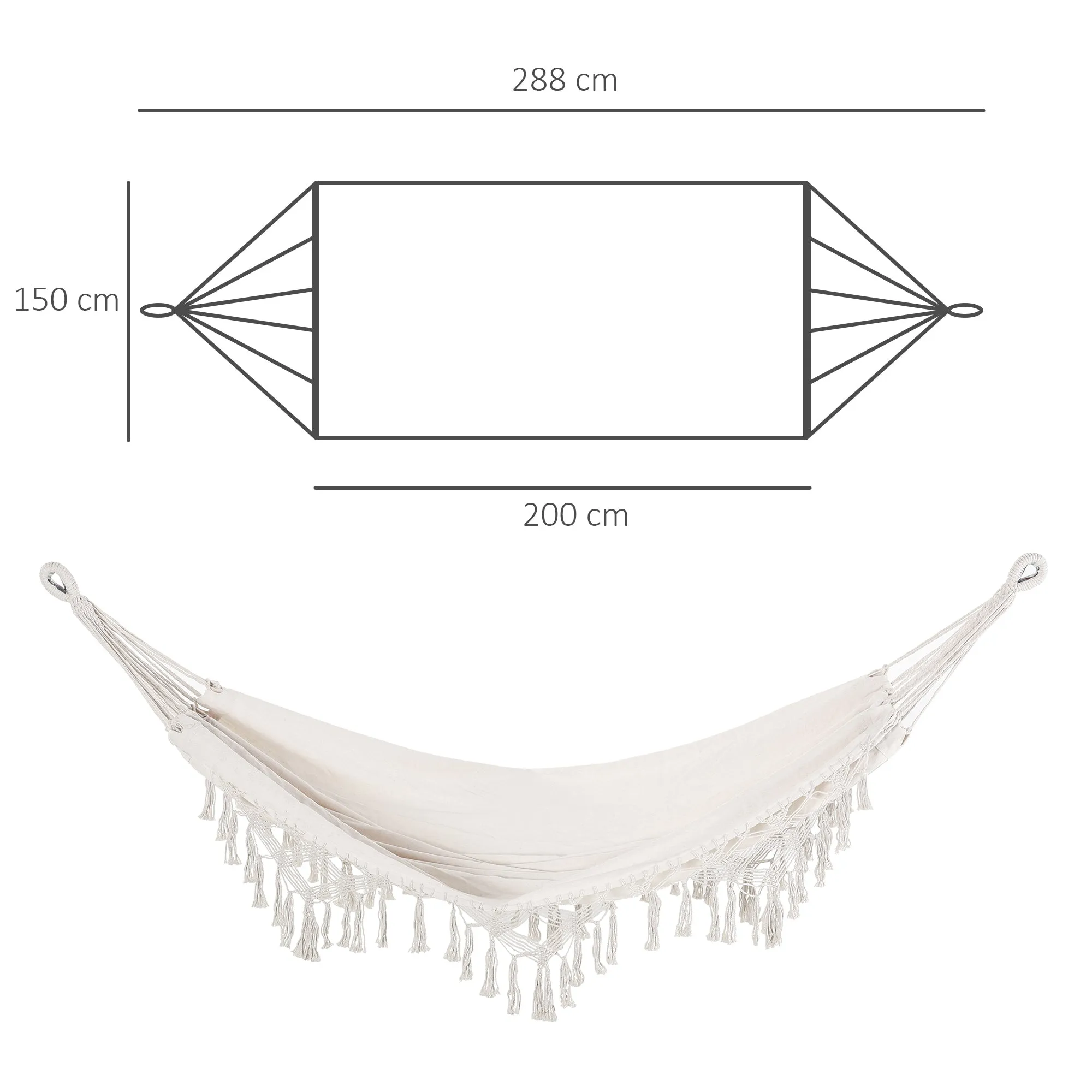Boho Style Fringe Hanging Canvas Garden Hammock, 288x150cm, 120kg Capacity, Cream - Image 3