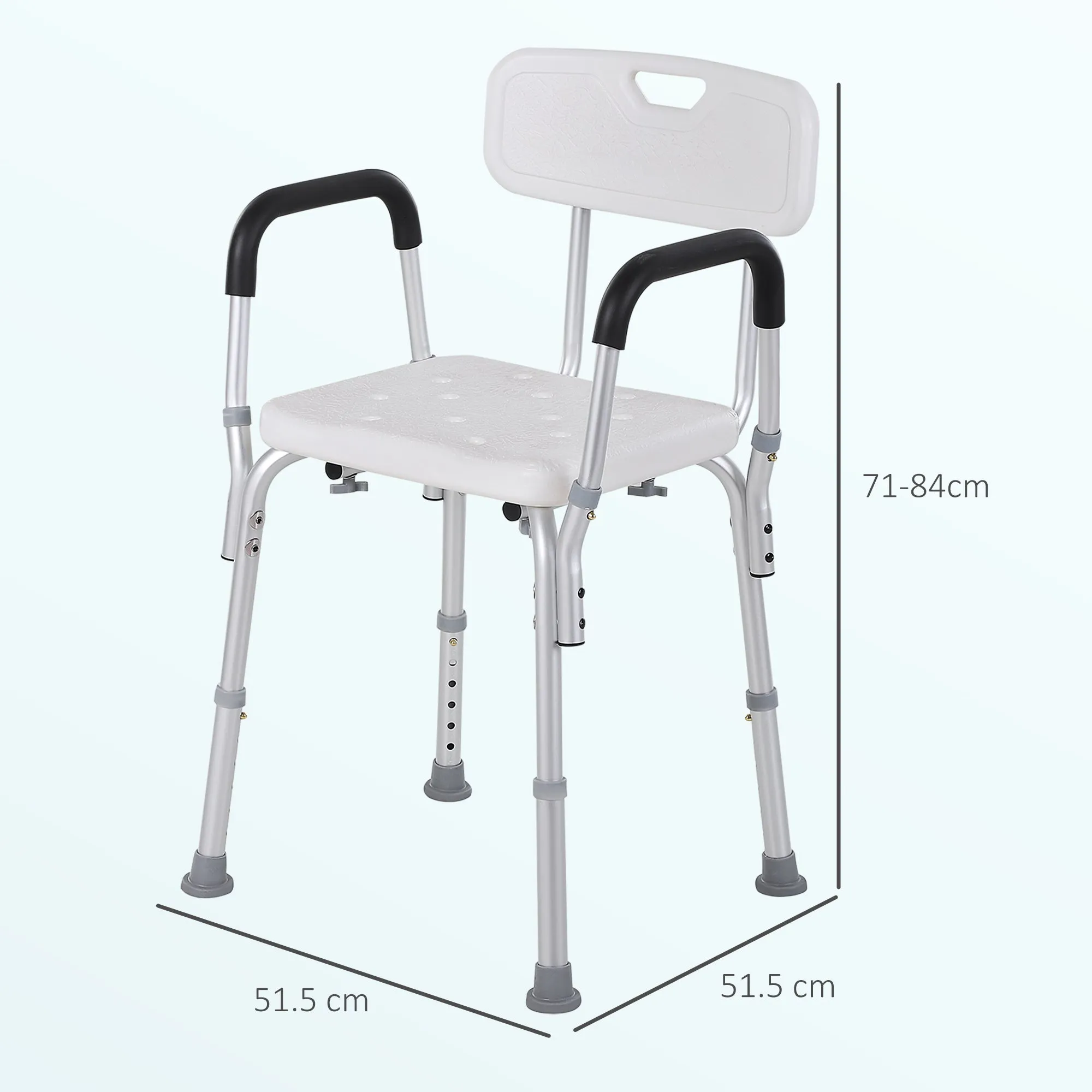 Aluminium Shower Chair with Adjustable Height and Non-Slip Feet, 51.5x51.5x71-84cm, White - Image 3