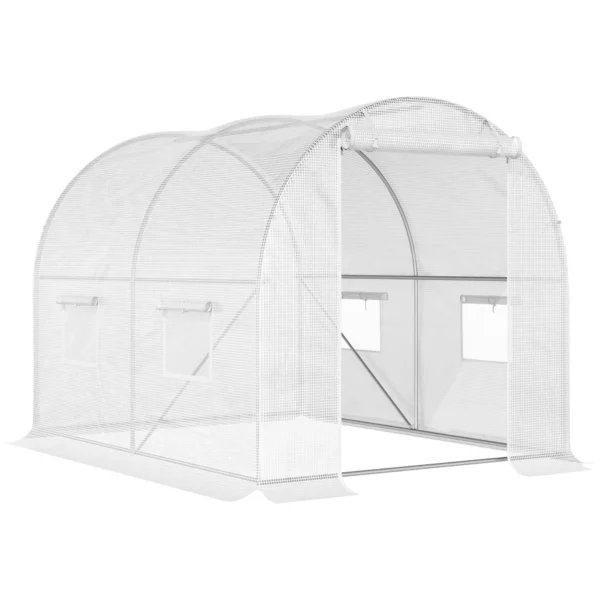 Tunnel Greenhouse with 4 Windows and Zip Entrance in Galvanized Steel and PE, 3x2x1.9 m, White