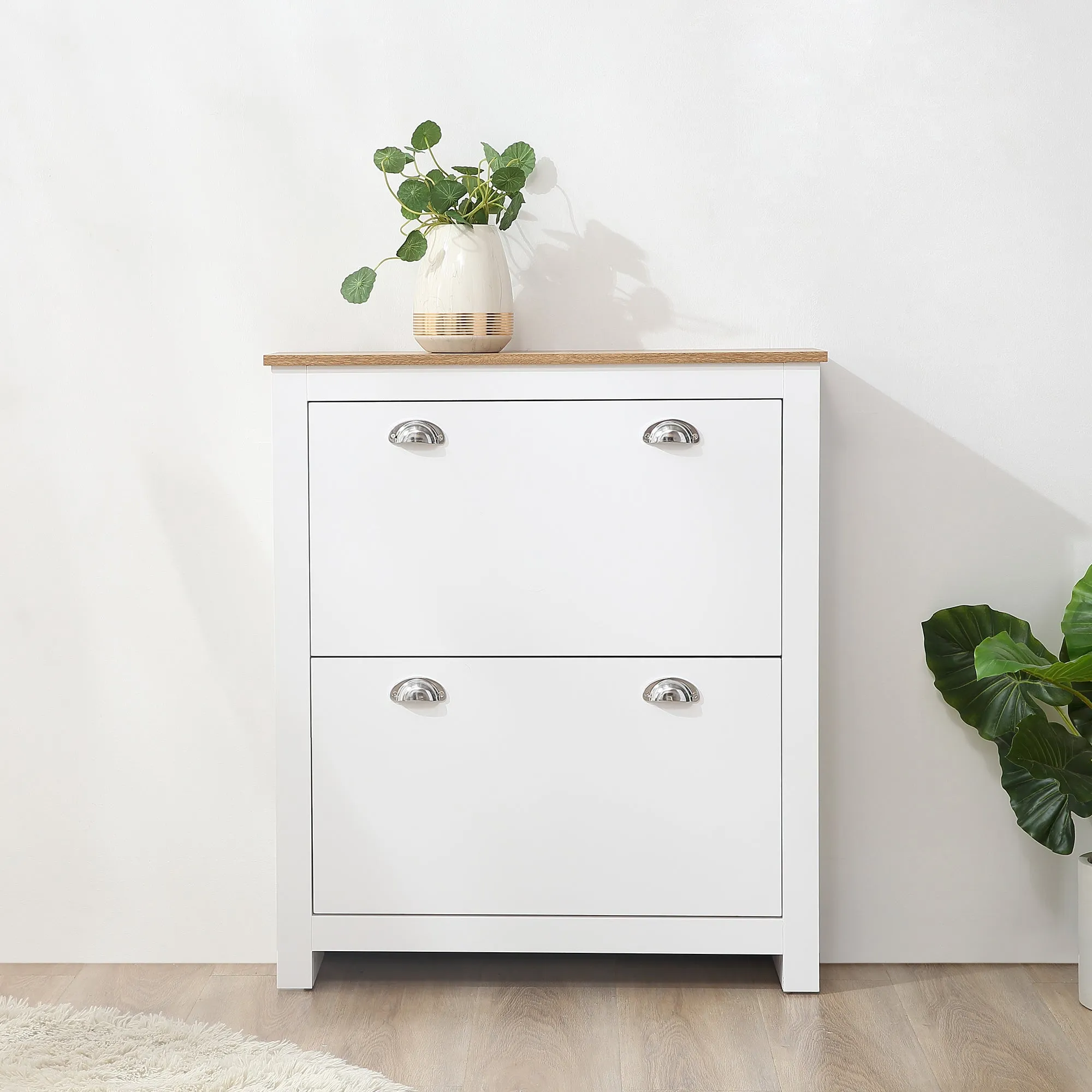 Slim Shoe Rack 2 Flap Drawers and Adjustable Shelf for 12 Pairs of Shoes, 79x23x90.5 cm, White - Image 2