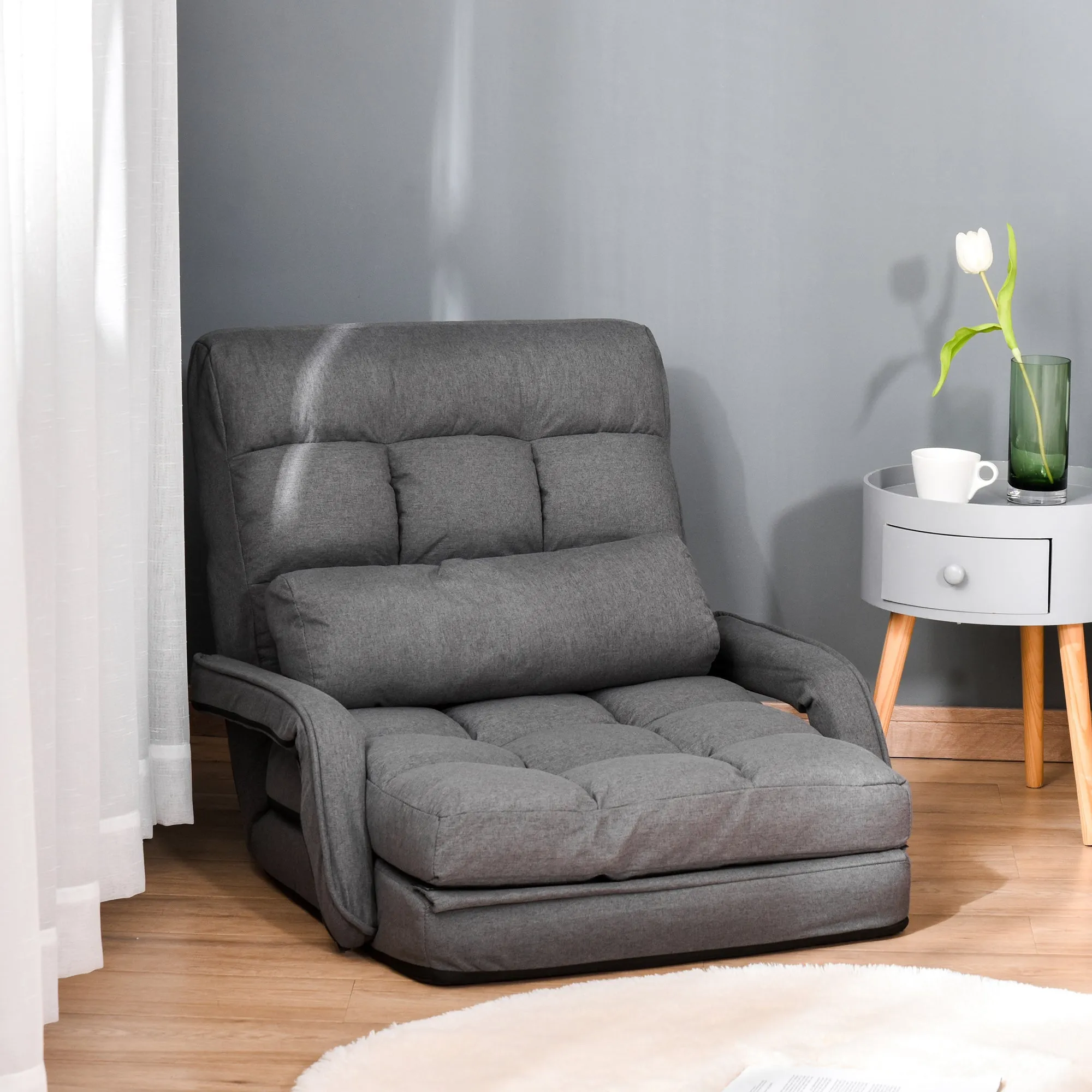 Single Sofa Bed with Cushion and 5-Level Reclining Backrest, 62x78x70 cm, Grey - Image 2