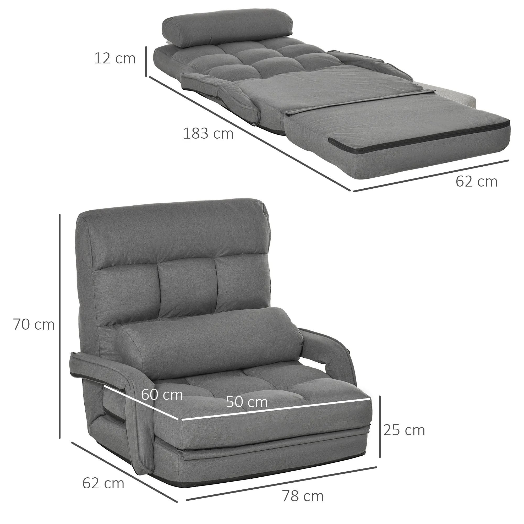 Single Sofa Bed with Cushion and 5-Level Reclining Backrest, 62x78x70 cm, Grey - Image 3
