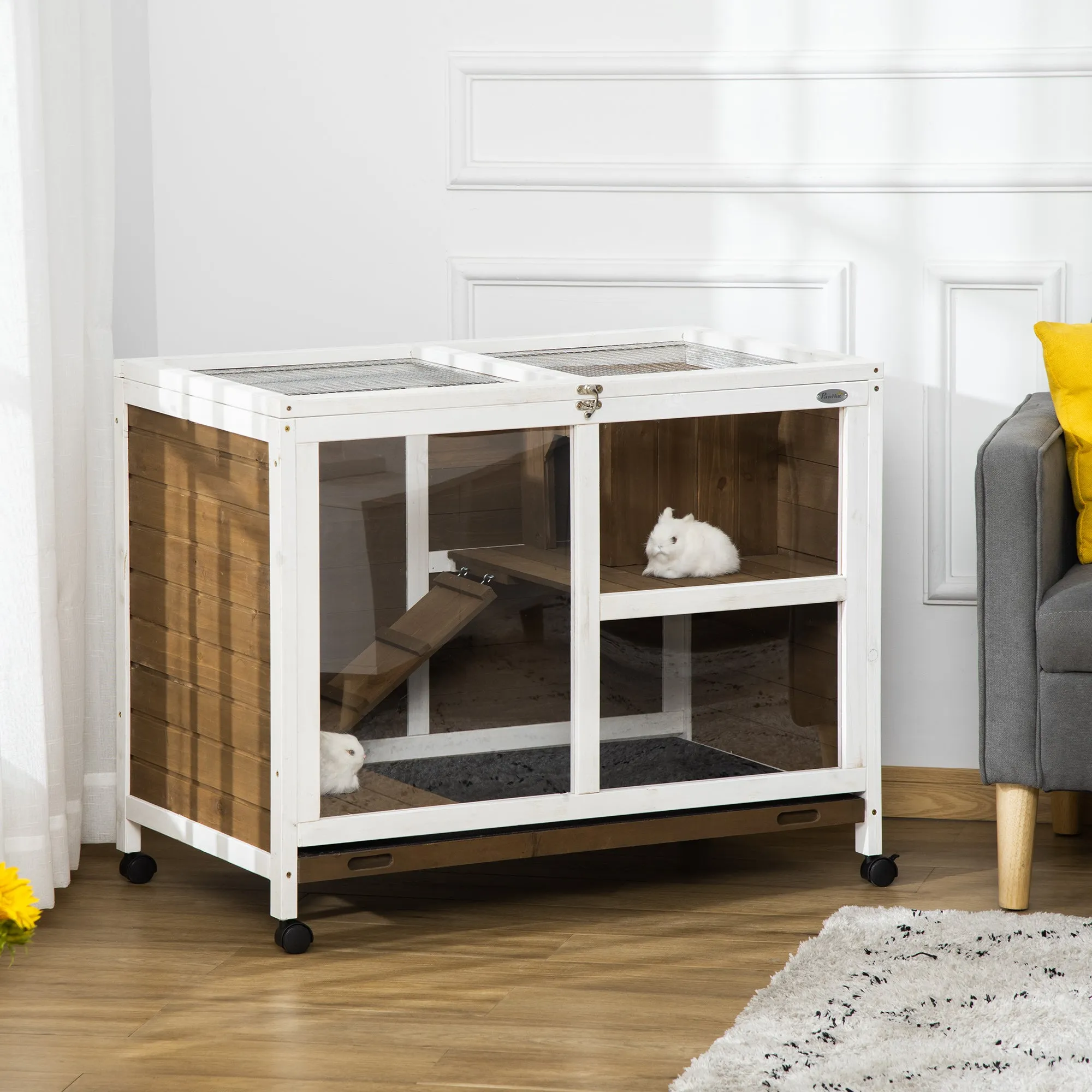 2-Level Rabbit Hutch with House, Ramp and Removable Tray, Fir Wood, 91.5x53. 3x73 cm, Brown - Image 2