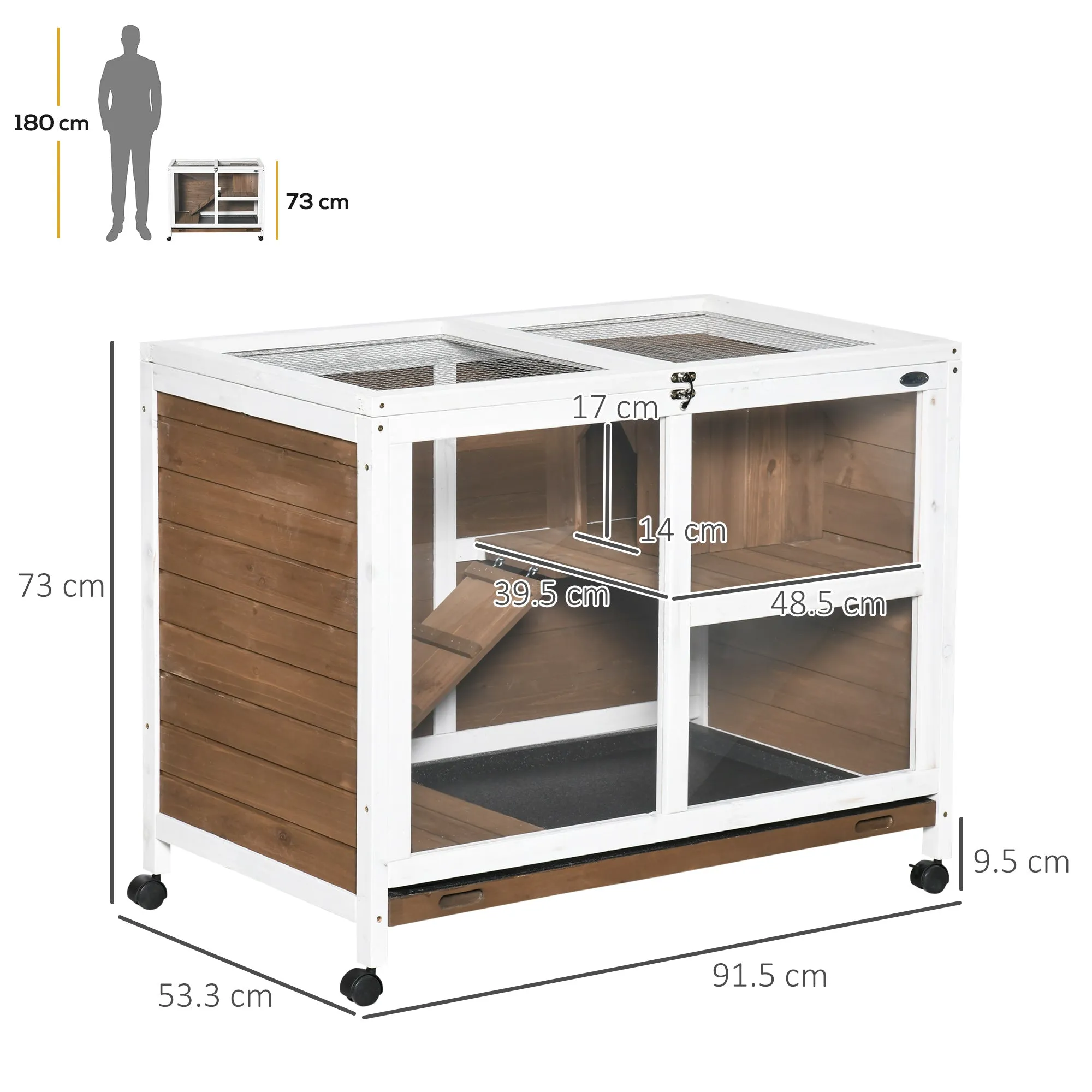 2-Level Rabbit Hutch with House, Ramp and Removable Tray, Fir Wood, 91.5x53. 3x73 cm, Brown - Image 3