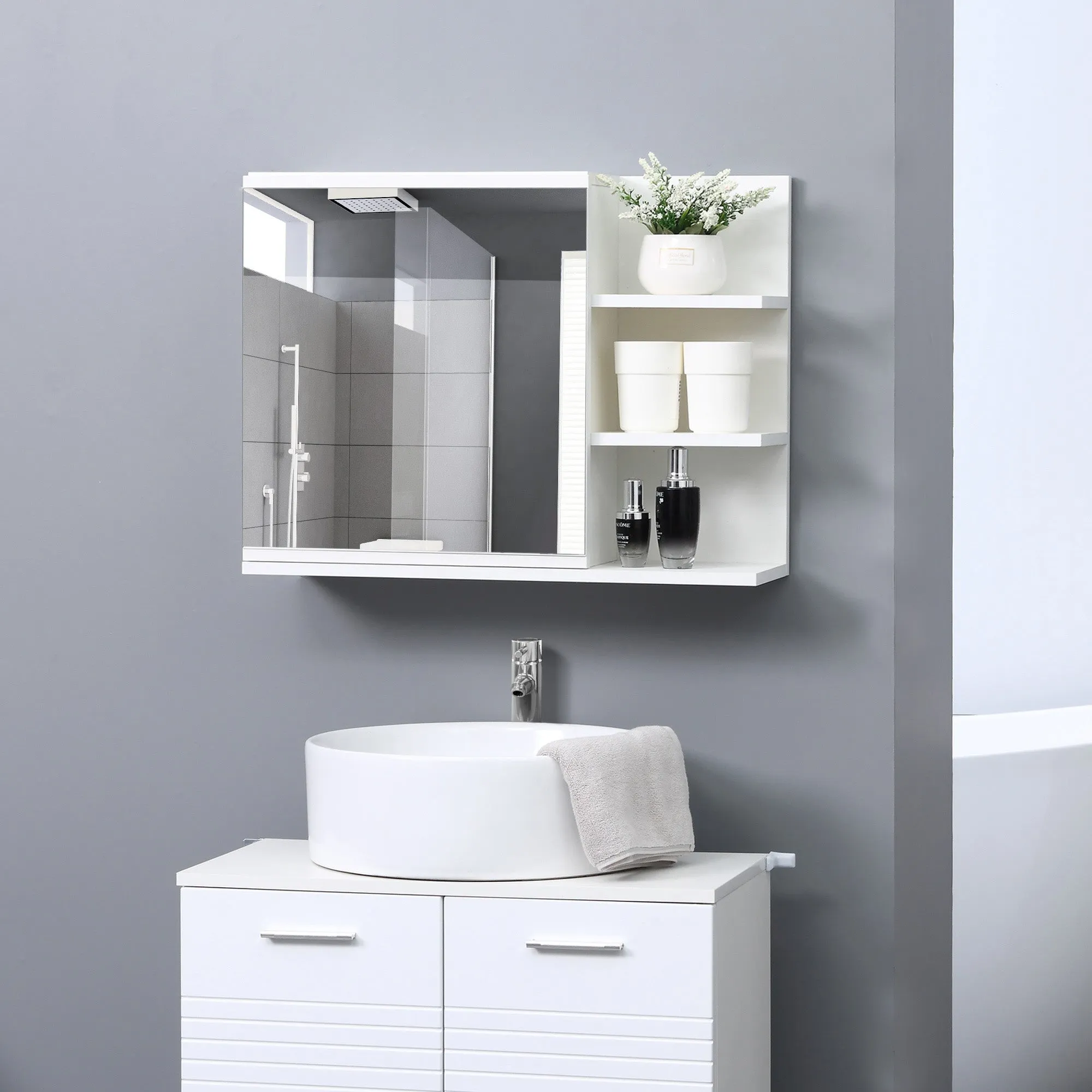 Wall-mounted Bathroom Mirror with Door and 3 Side Shelves in Wood, 60x18x50cm, White - Image 2