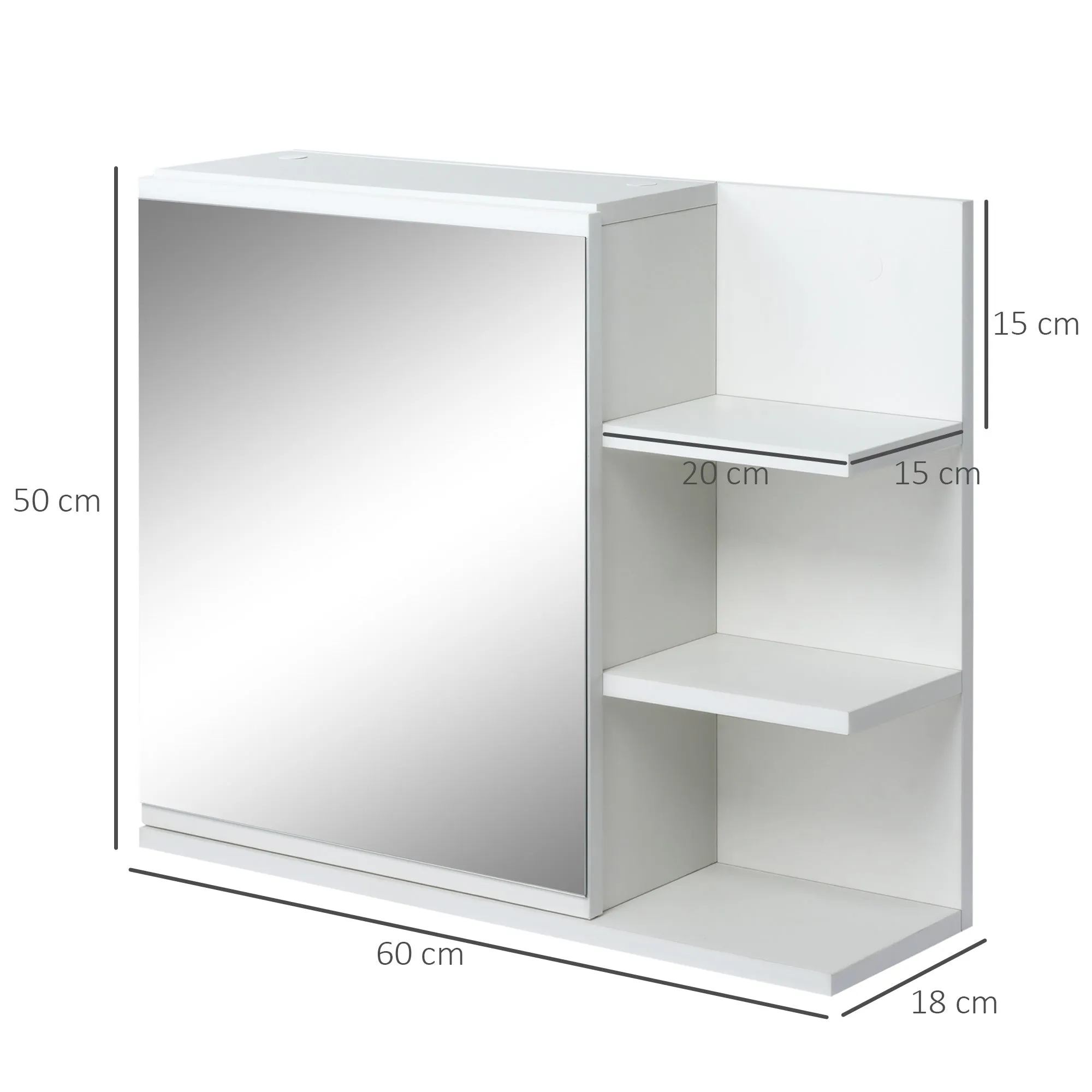 Wall-mounted Bathroom Mirror with Door and 3 Side Shelves in Wood, 60x18x50cm, White - Image 3