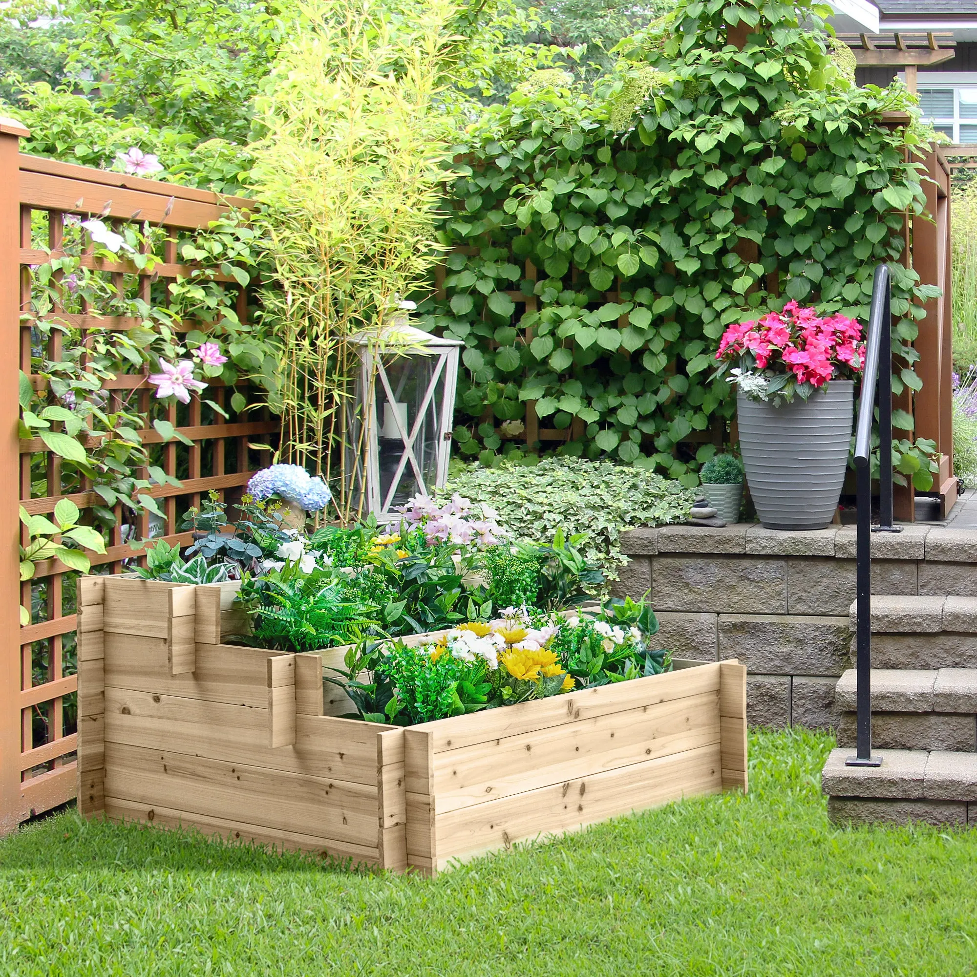 3-Tier Fir Wood Planter, Outdoor Raised Garden Box, 120x100x54cm - Image 2