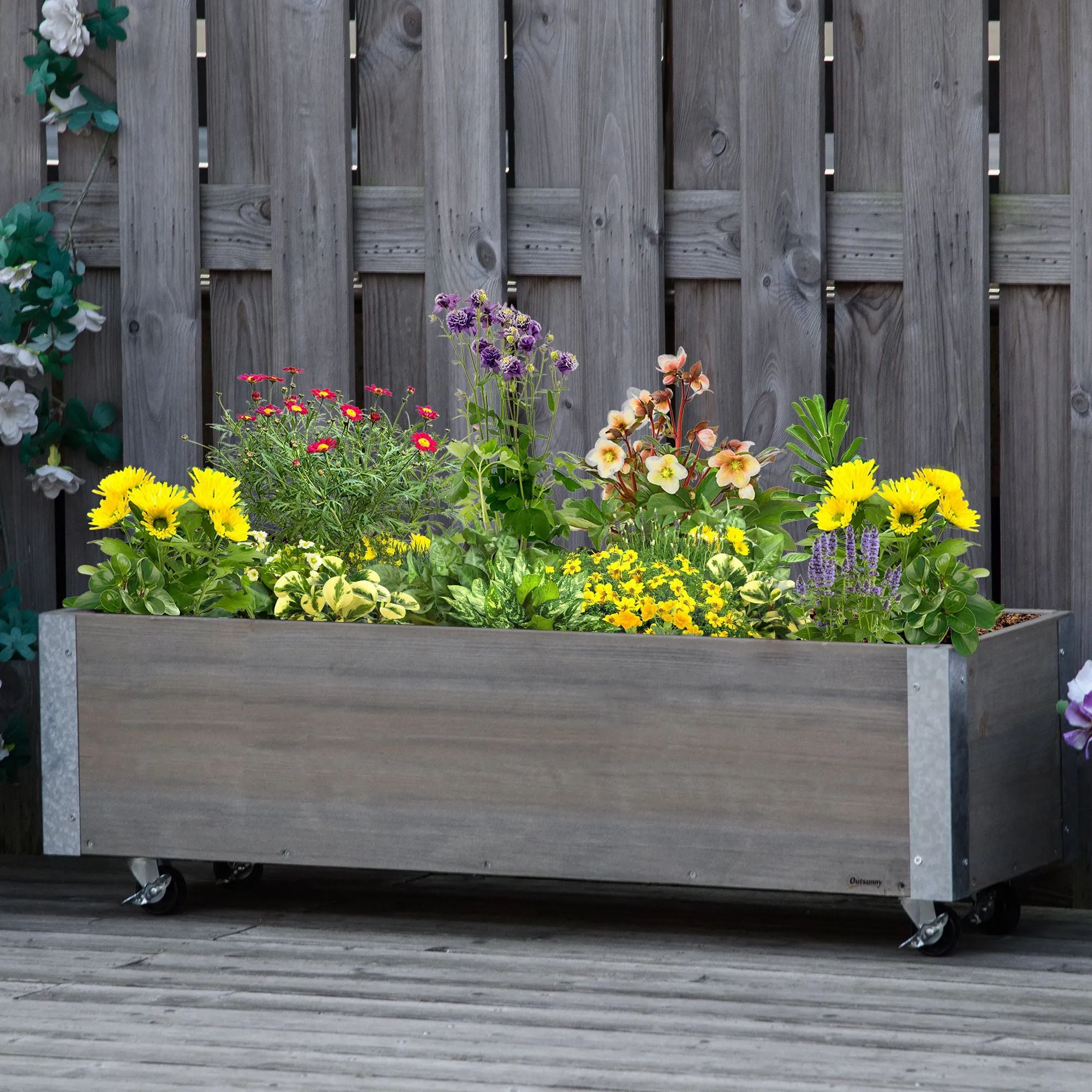 Rectangular Fir Wood Planter with Wheels and Brake, 96x30.6x30 cm, Grey - Image 2