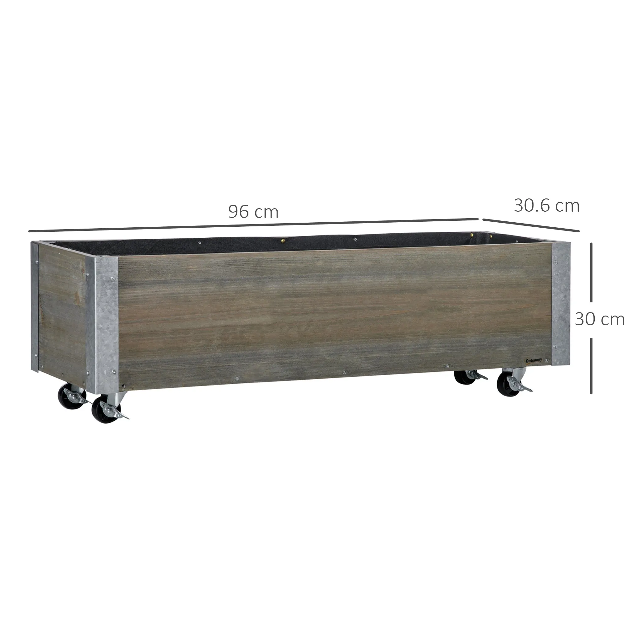 Rectangular Fir Wood Planter with Wheels and Brake, 96x30.6x30 cm, Grey - Image 3