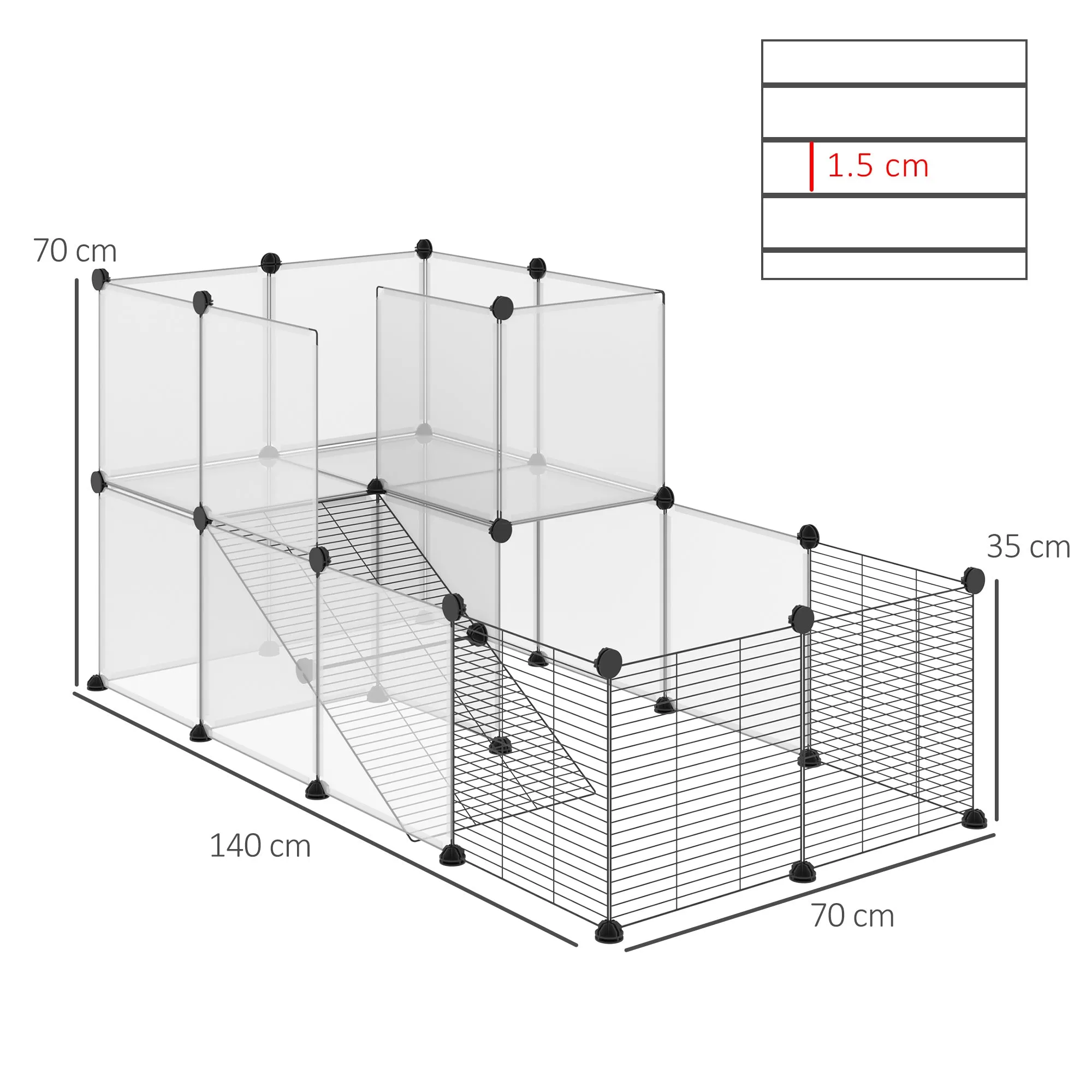 Modular Pet Playpen with 35x35 cm Panels and Accessories, Made of Steel and PP, 140x70x70 cm, Black - Image 3