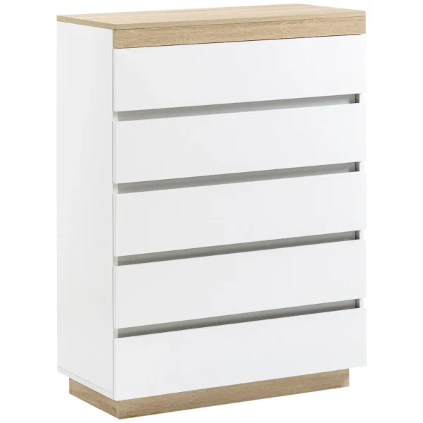 Minimal 5 Drawer Chest of Drawers in Wood, 80x40x109 cm, White and Oak Color