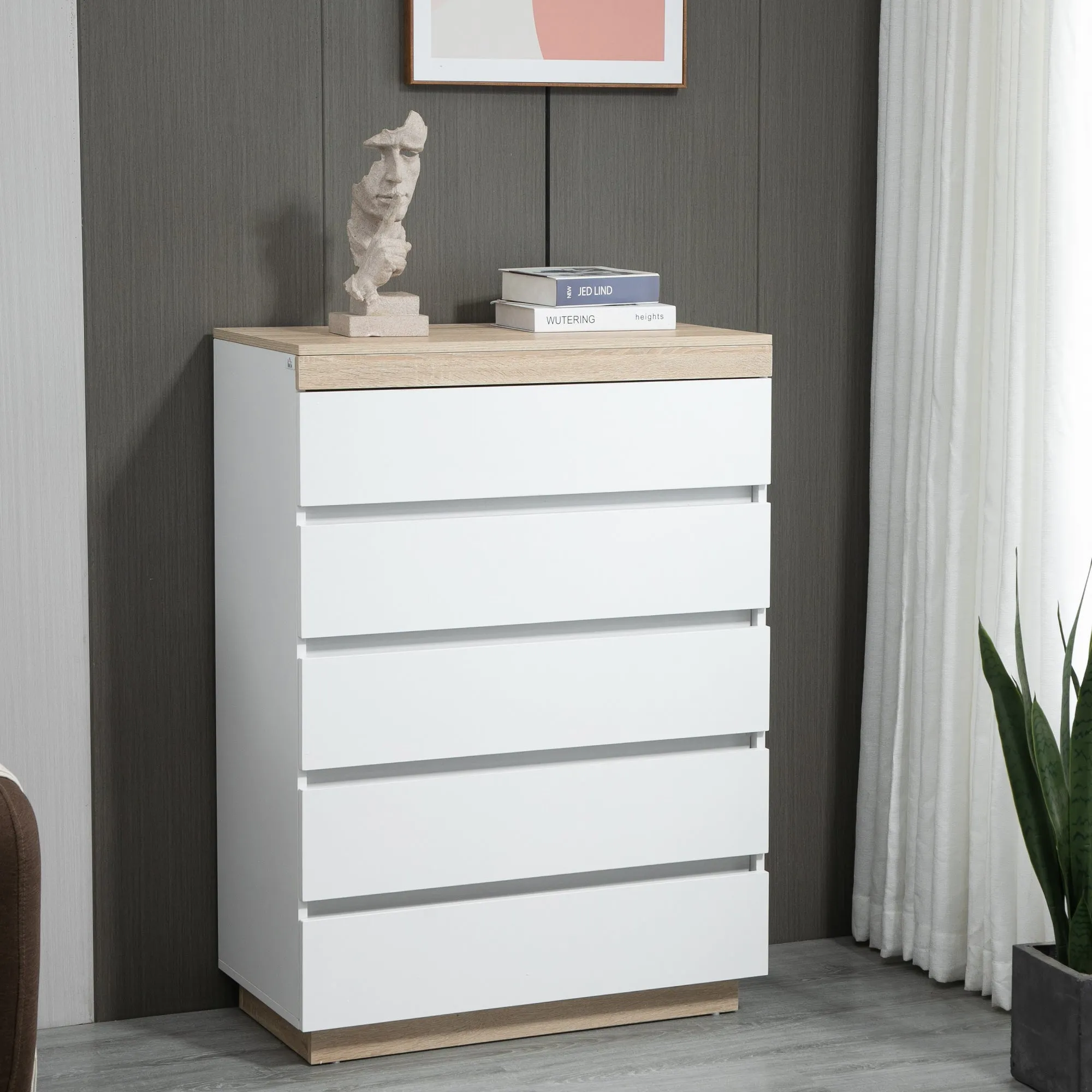 Minimal 5 Drawer Chest of Drawers in Wood, 80x40x109 cm, White and Oak Color - Image 2