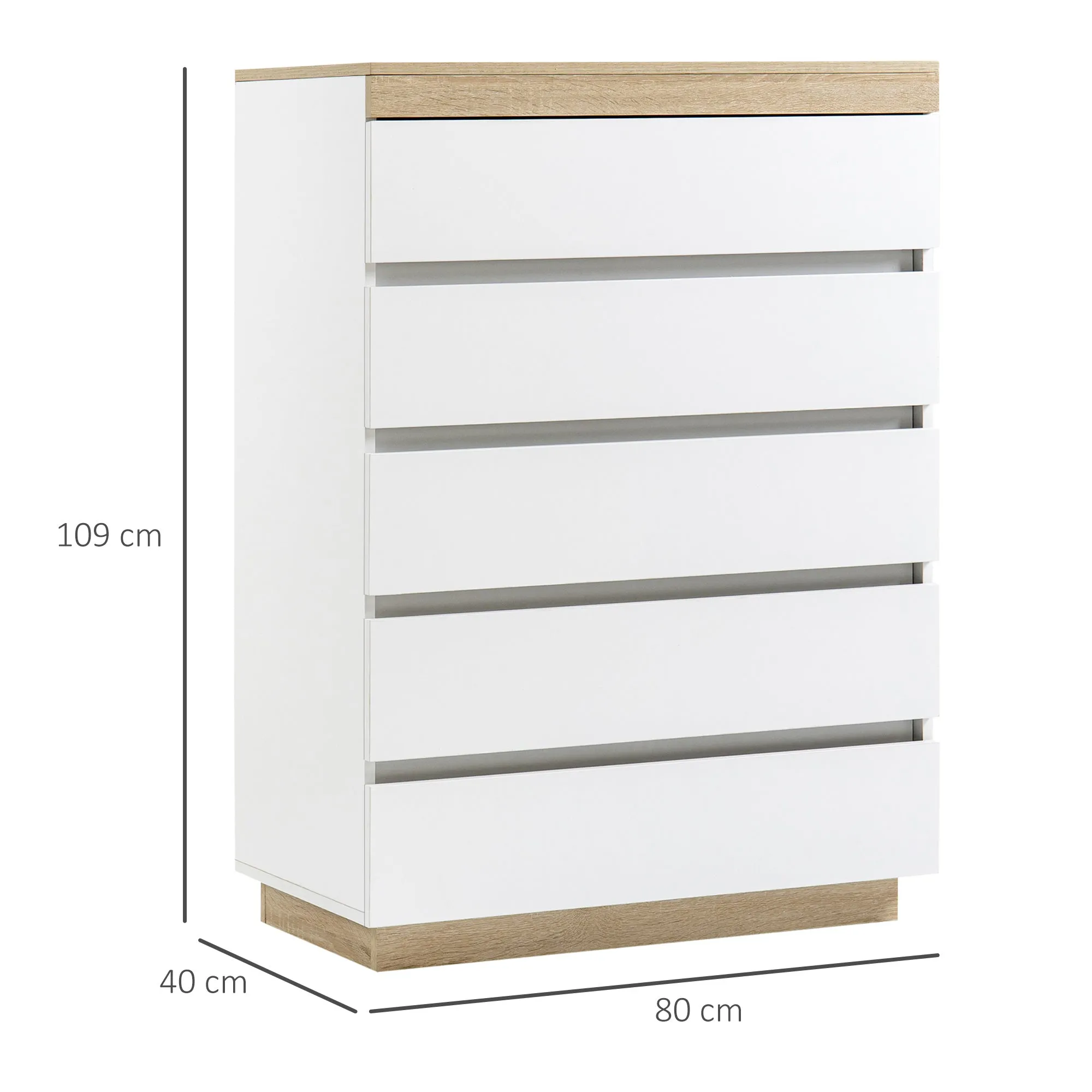Minimal 5 Drawer Chest of Drawers in Wood, 80x40x109 cm, White and Oak Color - Image 3