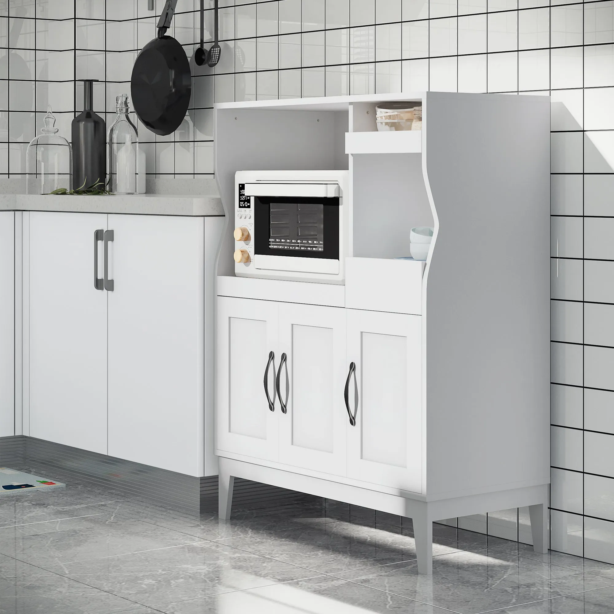 Space-Saving Kitchen Sideboard with 2 Cabinets and 2 Pull-Out Wooden Shelves, 84x39x109 cm, White - Image 2