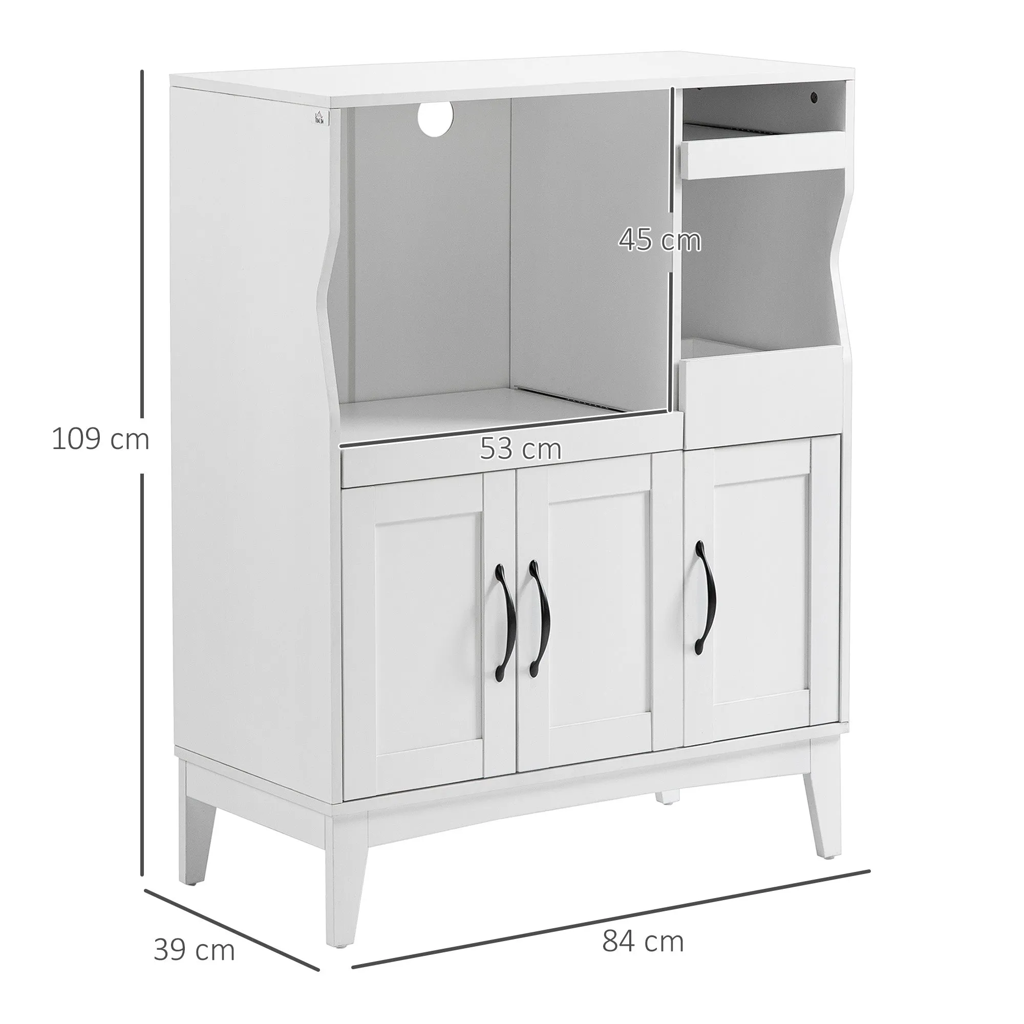 Space-Saving Kitchen Sideboard with 2 Cabinets and 2 Pull-Out Wooden Shelves, 84x39x109 cm, White - Image 3