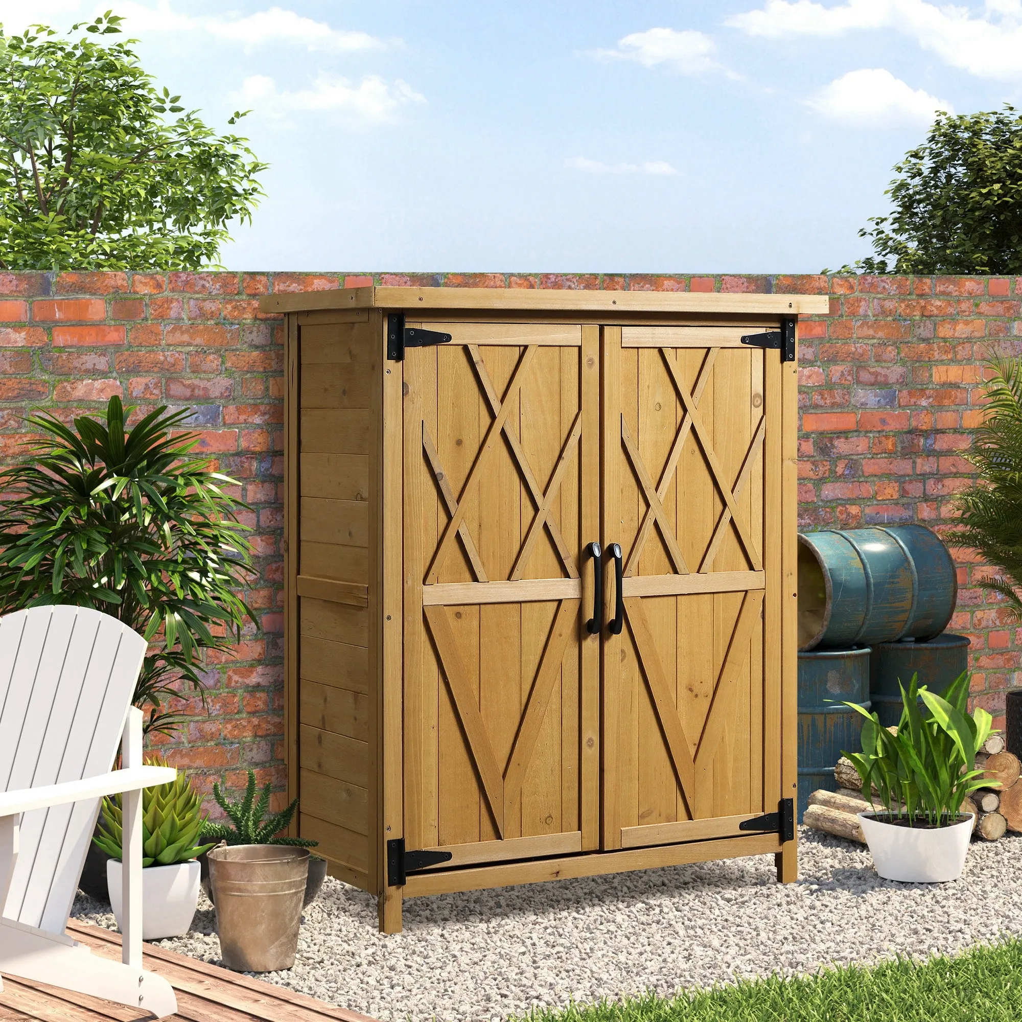 Wooden Garden Cabinet Tool Storage with 2 Doors and 4 Shelves, Sheet Metal Top, 75x40x90 cm - Image 2