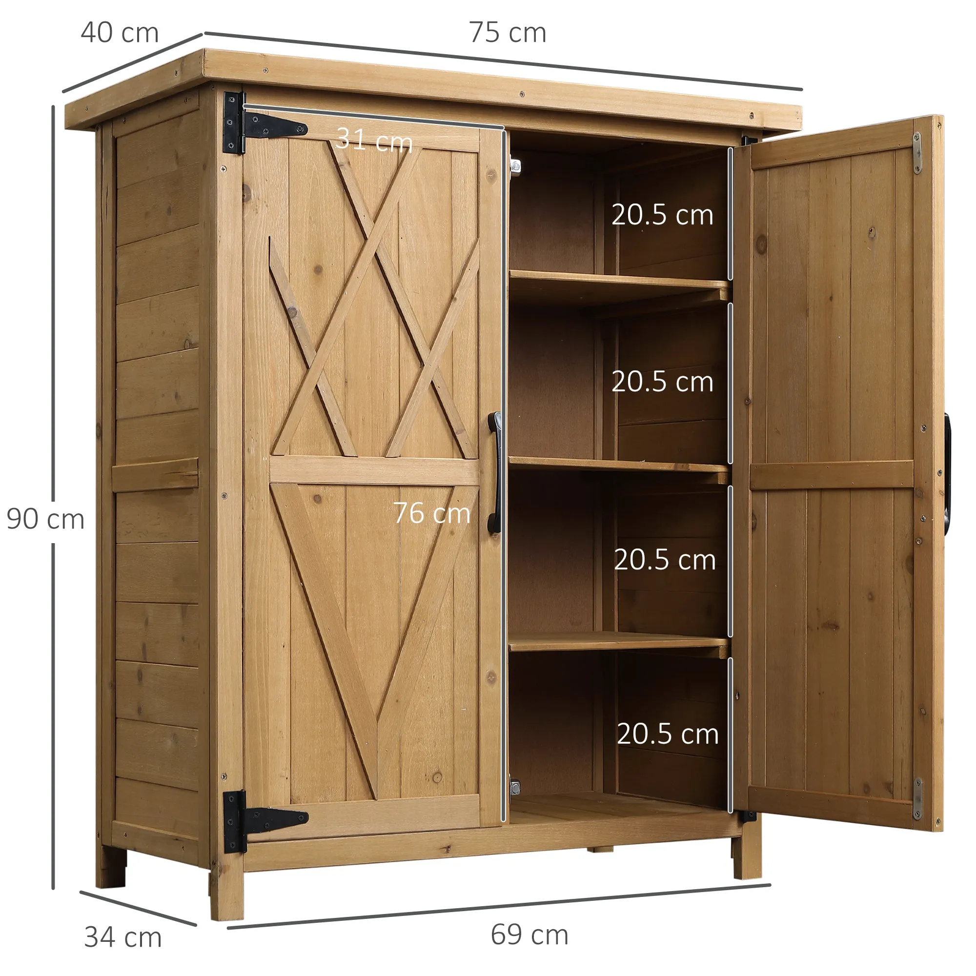 Wooden Garden Cabinet Tool Storage with 2 Doors and 4 Shelves, Sheet Metal Top, 75x40x90 cm - Image 3