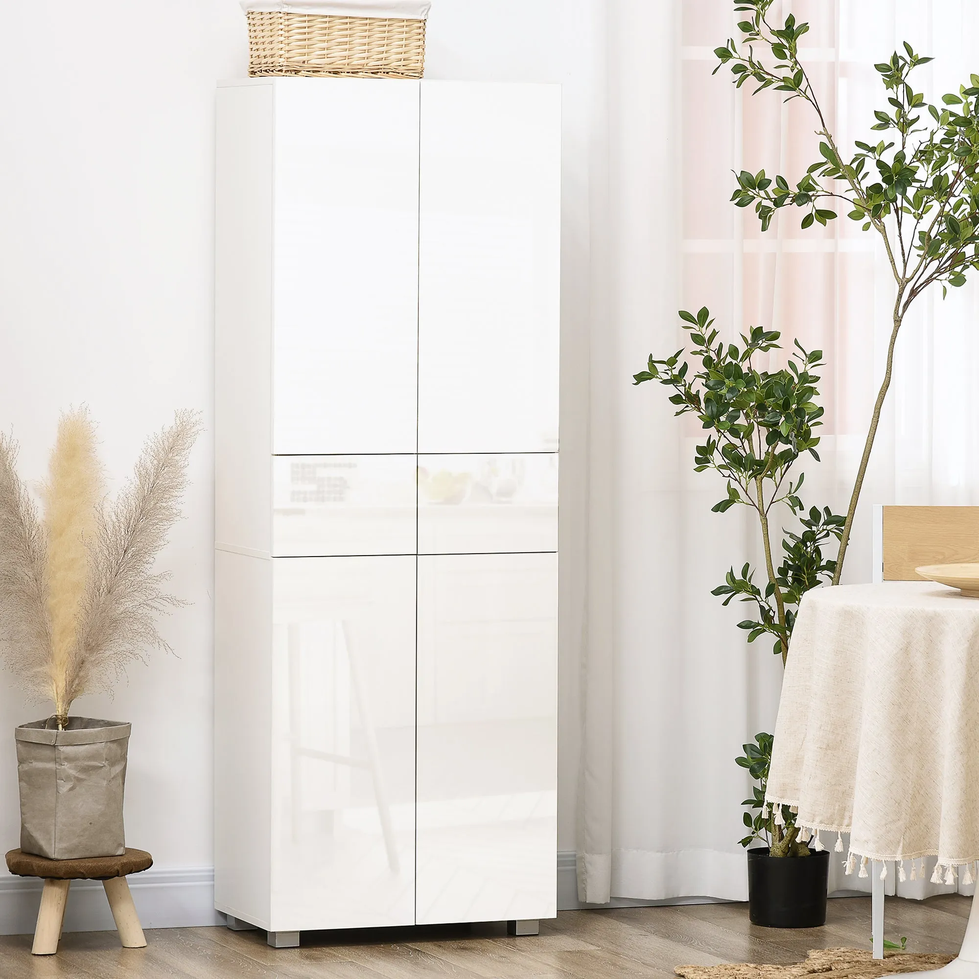 Kitchen Pantry with 4 Doors, 3 Adjustable Shelves and 5-Tier Shelves in MDF and Chipboard, 60x35x170 cm, White - Image 2