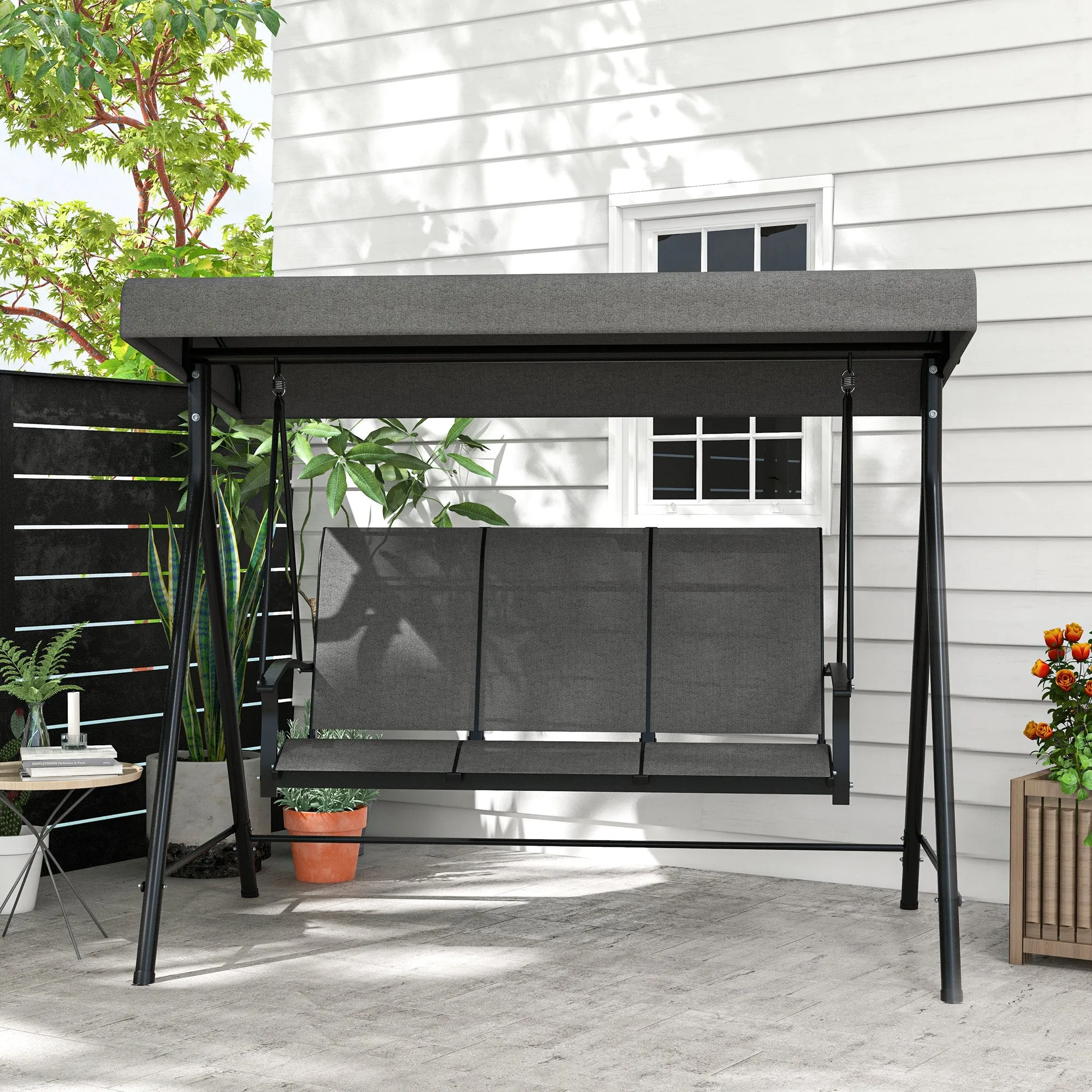 3 Seater Garden Swing with Adjustable Sun Canopy, 195x118x170 cm, Dark Grey - Image 2