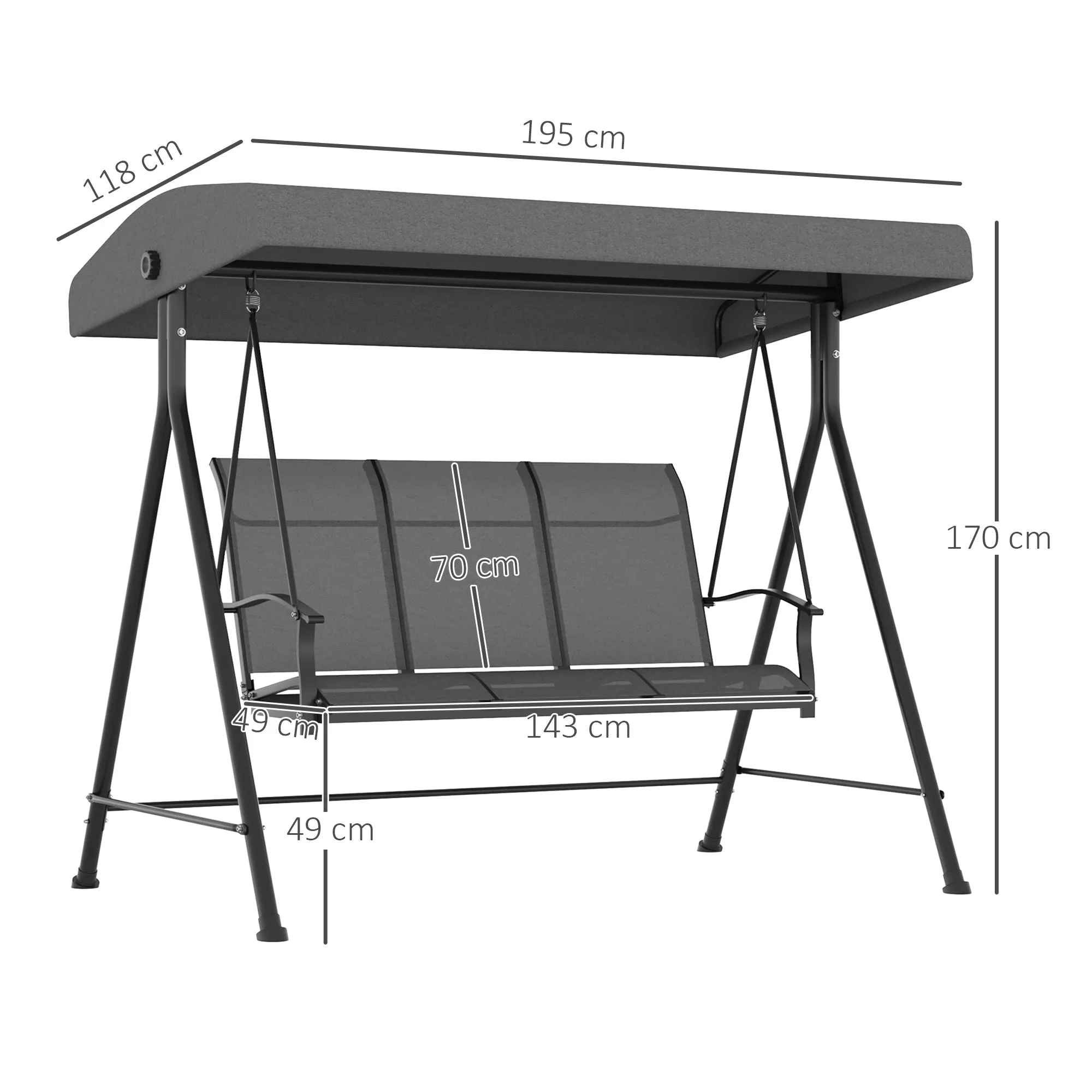 3 Seater Garden Swing with Adjustable Sun Canopy, 195x118x170 cm, Dark Grey - Image 3