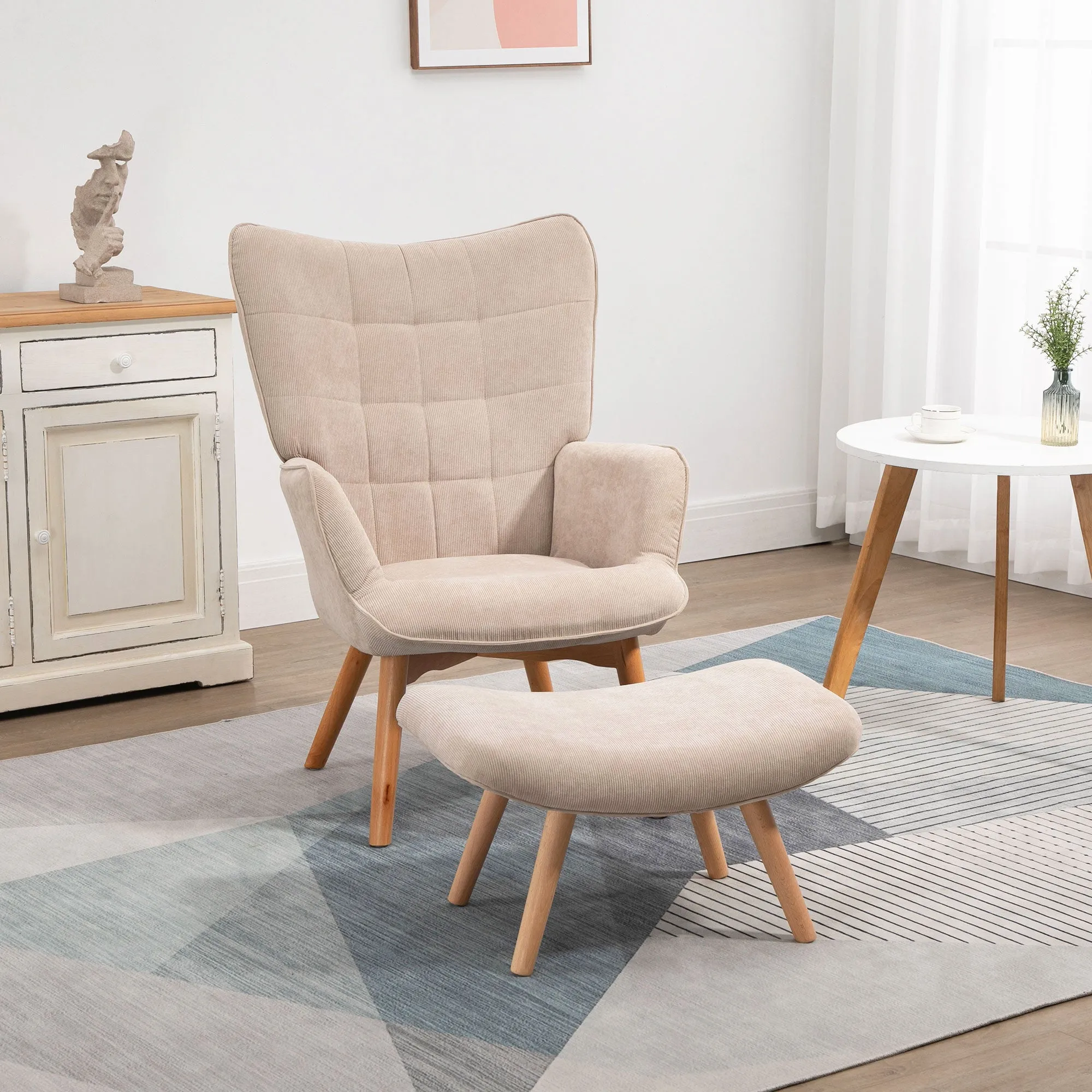 Relaxing Chair with Pouf Footstool in Corduroy with High Back and Armrests, Beige - Image 2
