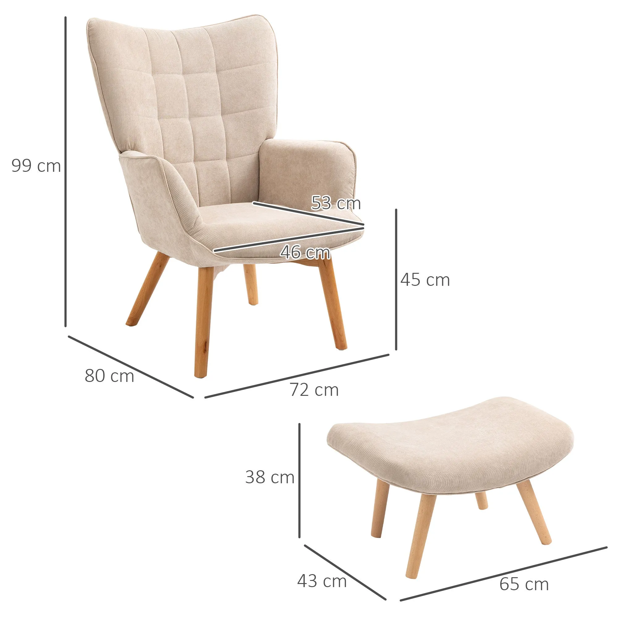 Relaxing Chair with Pouf Footstool in Corduroy with High Back and Armrests, Beige - Image 3